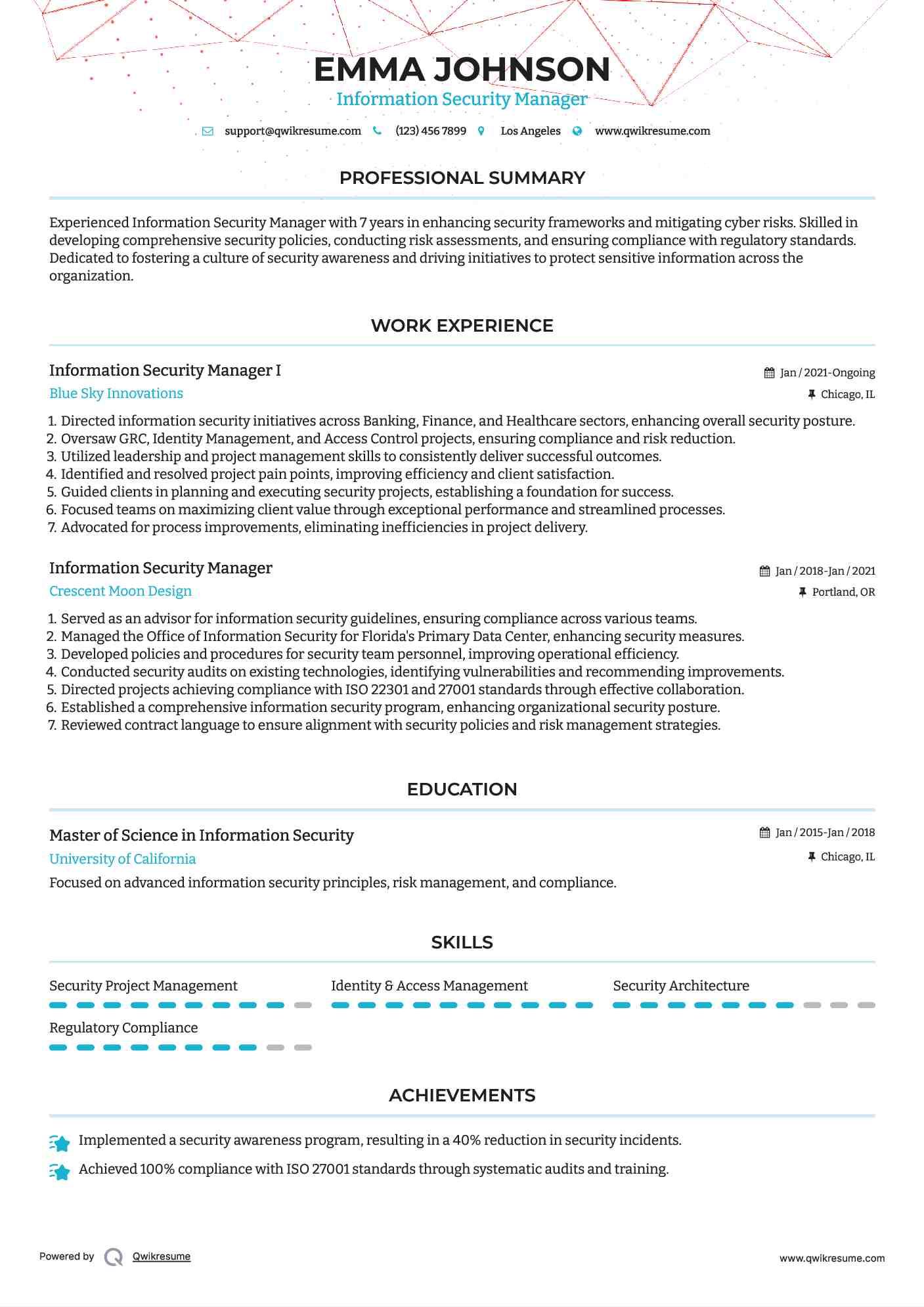 Information Security Manager I Resume Example