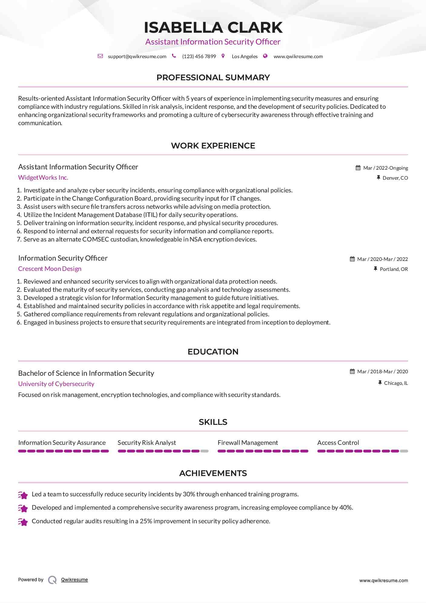 Assistant Information Security Officer Resume Format