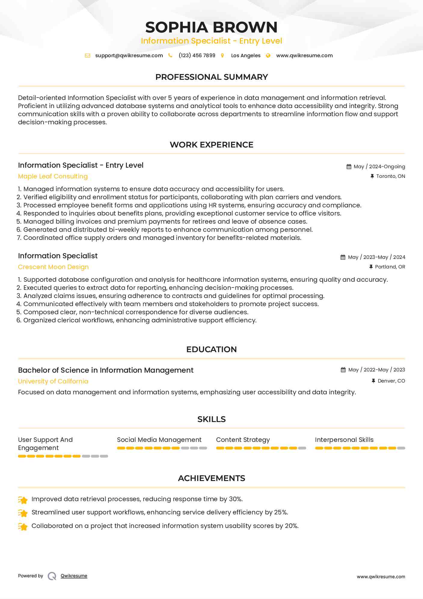Information Specialist - Entry Level Resume Model