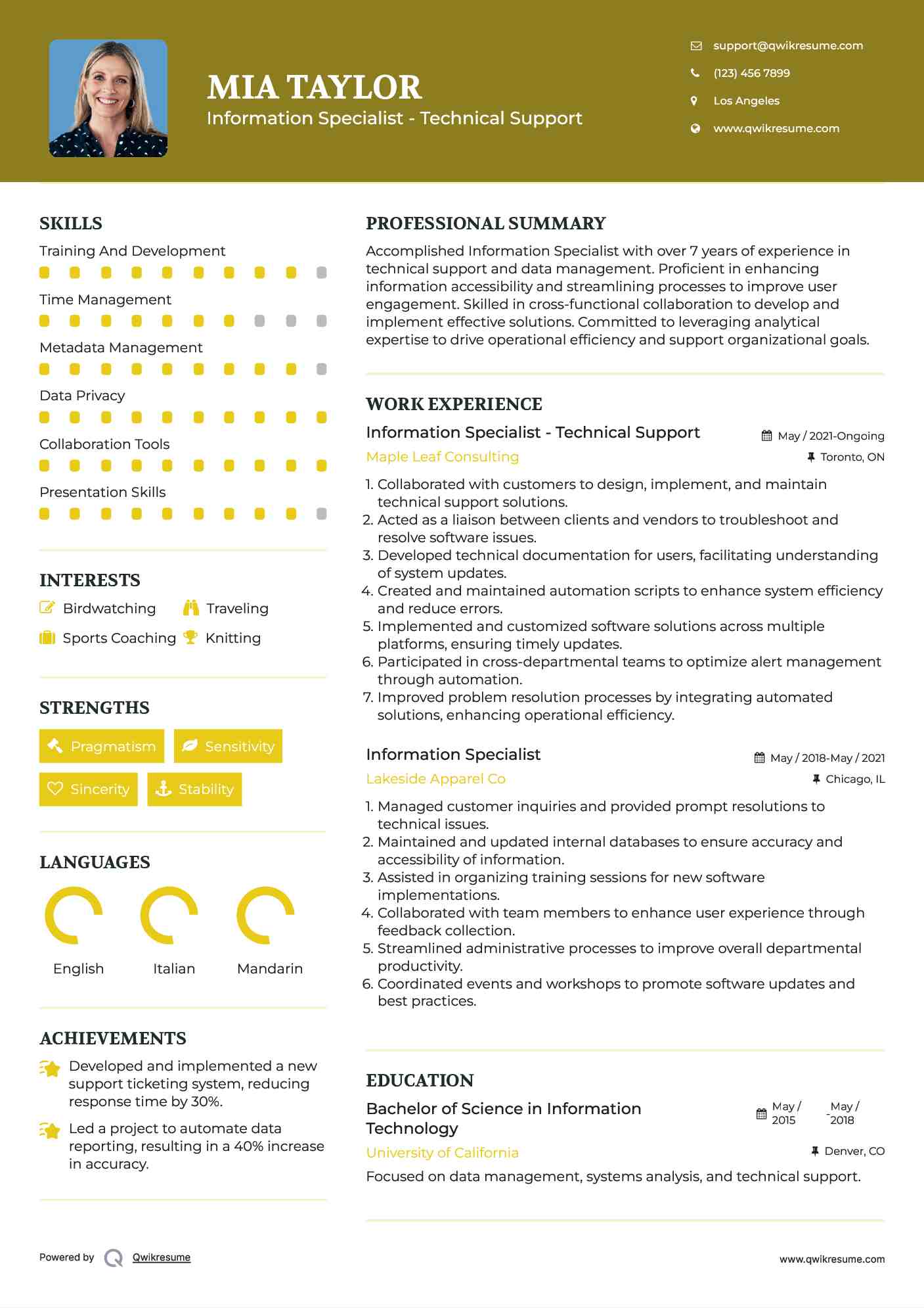 Information Specialist - Technical Support Resume Example