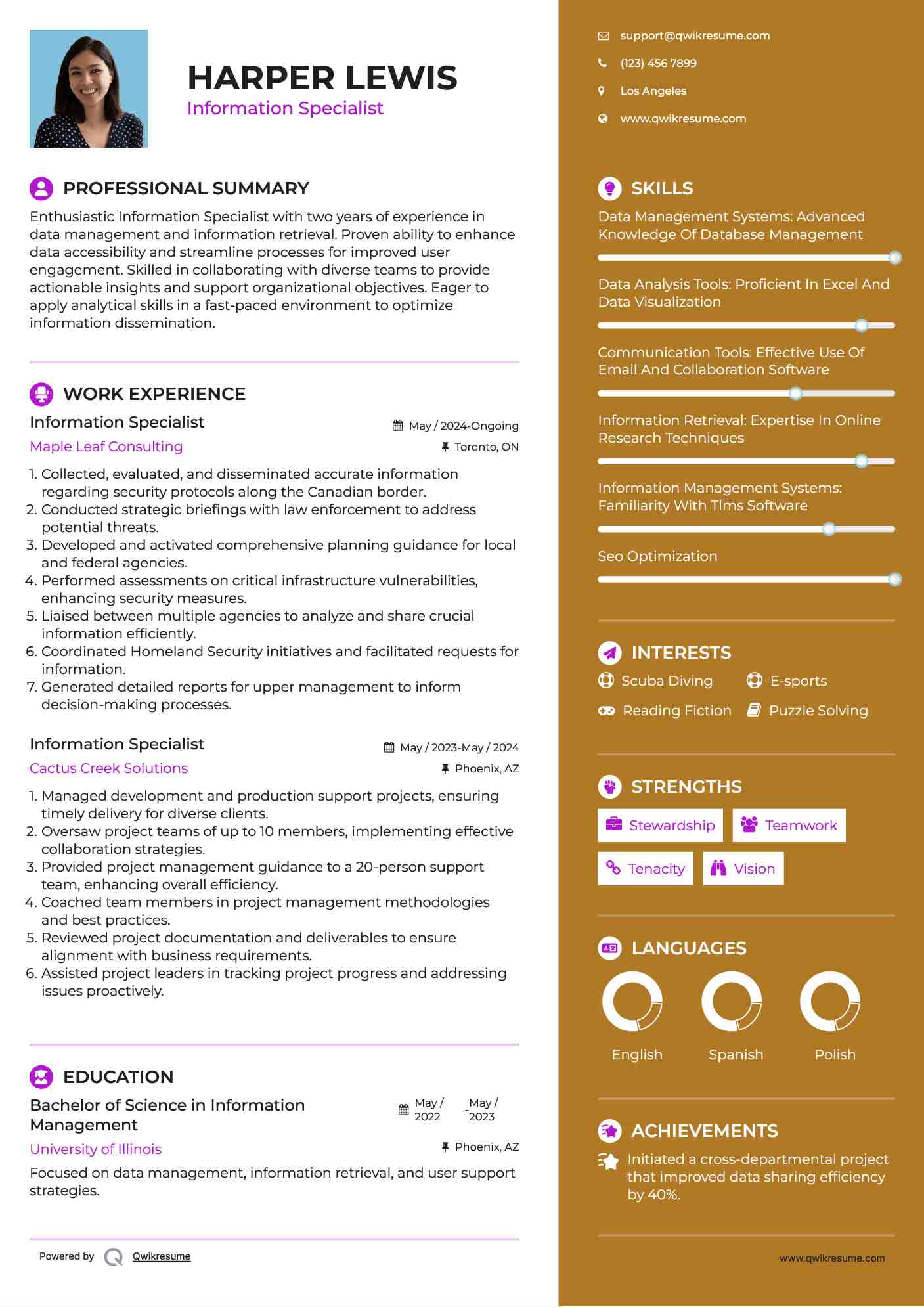 Information Specialist Resume Sample