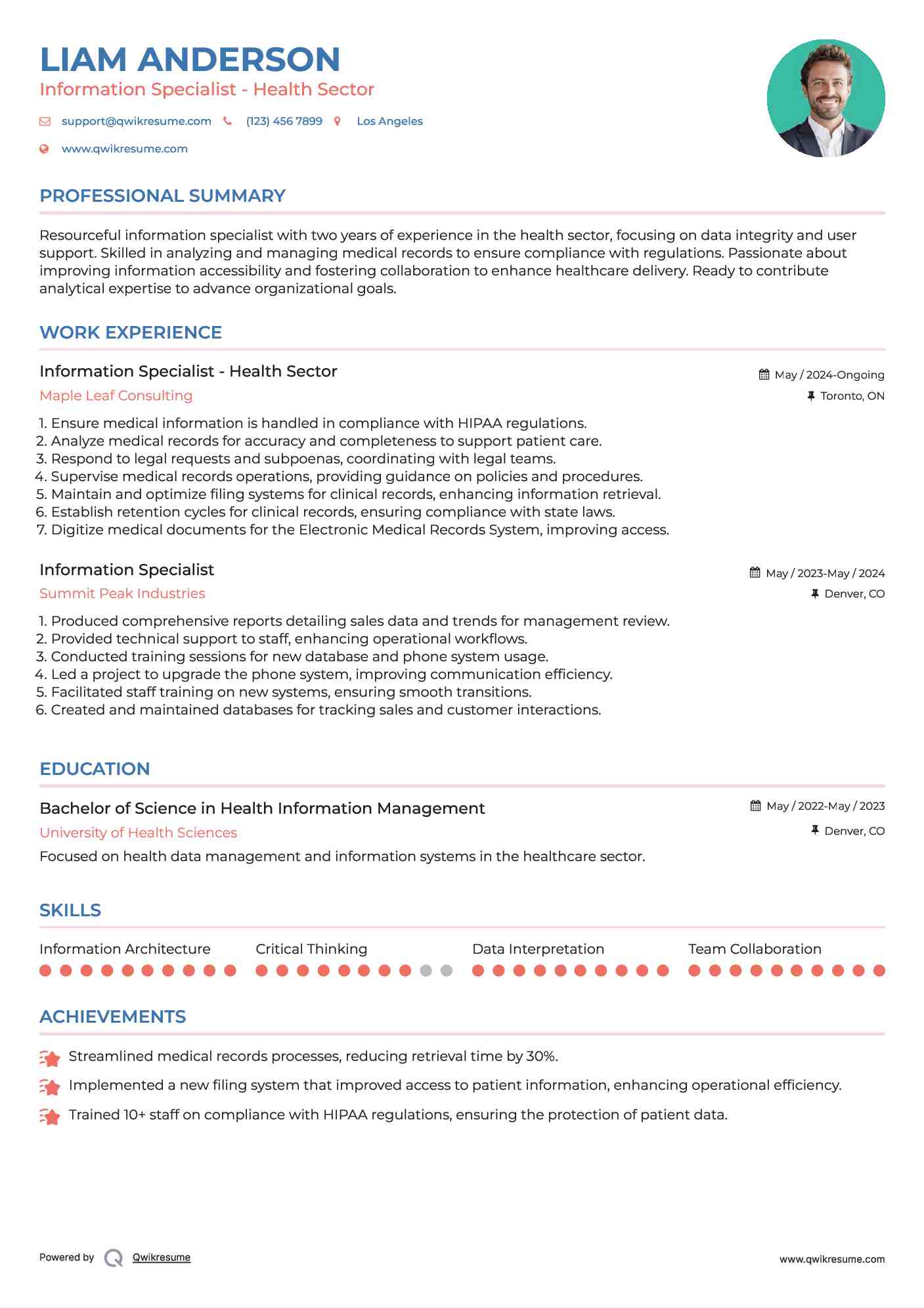 Information Specialist - Health Sector Resume Template