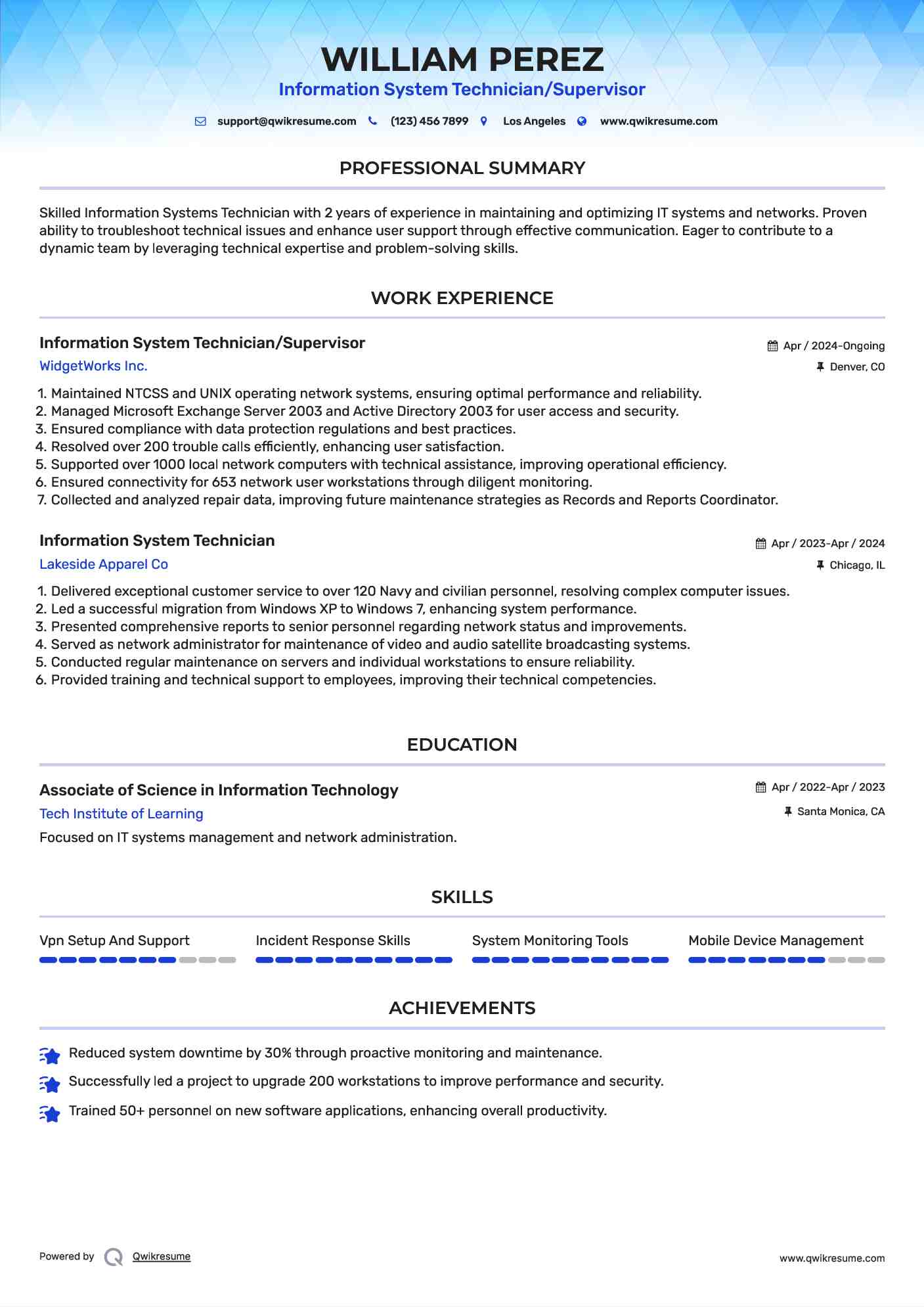 Information System Technician/Supervisor Resume Sample