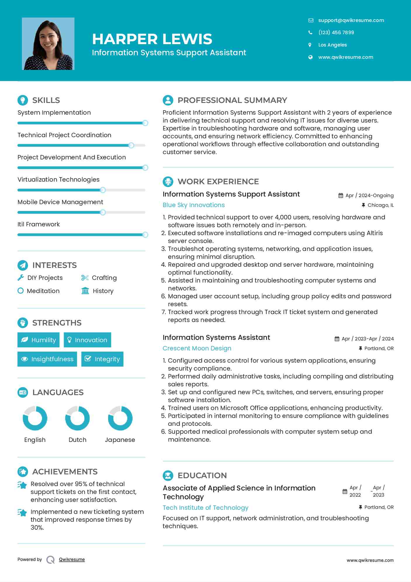 Information Systems Support Assistant Resume Sample