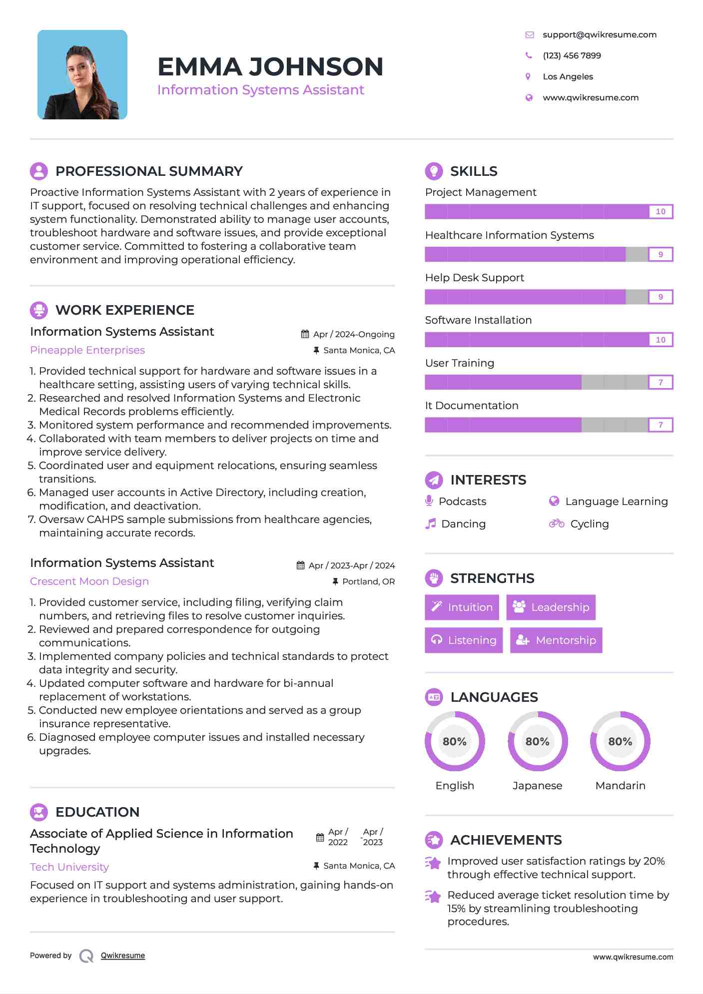 Information Systems Assistant Resume Sample