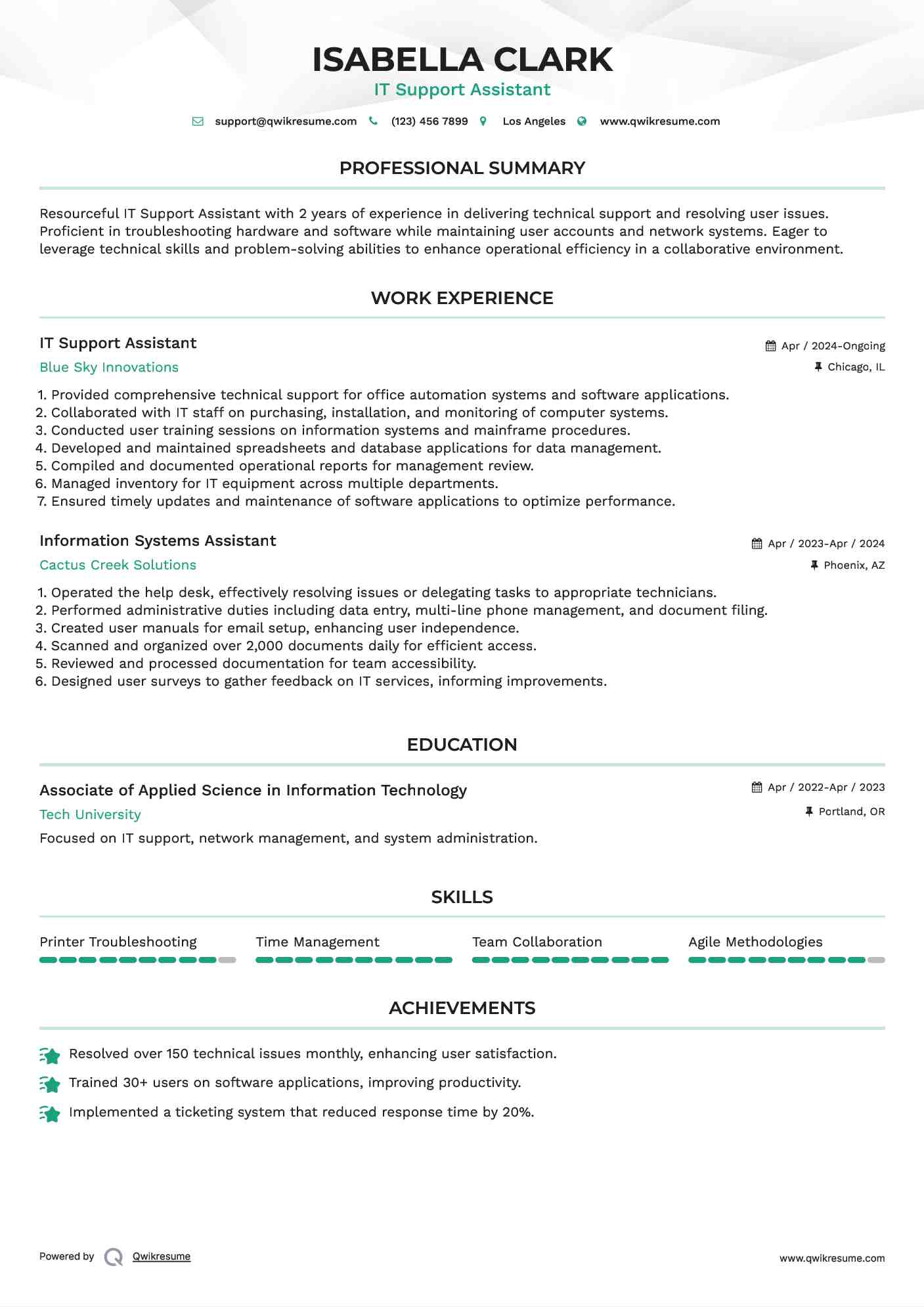 IT Support Assistant Resume Format