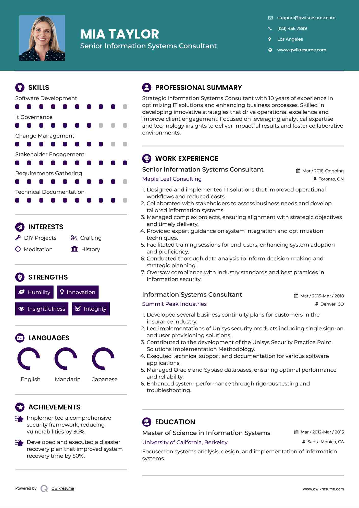 Senior Information Systems Consultant Resume Example
