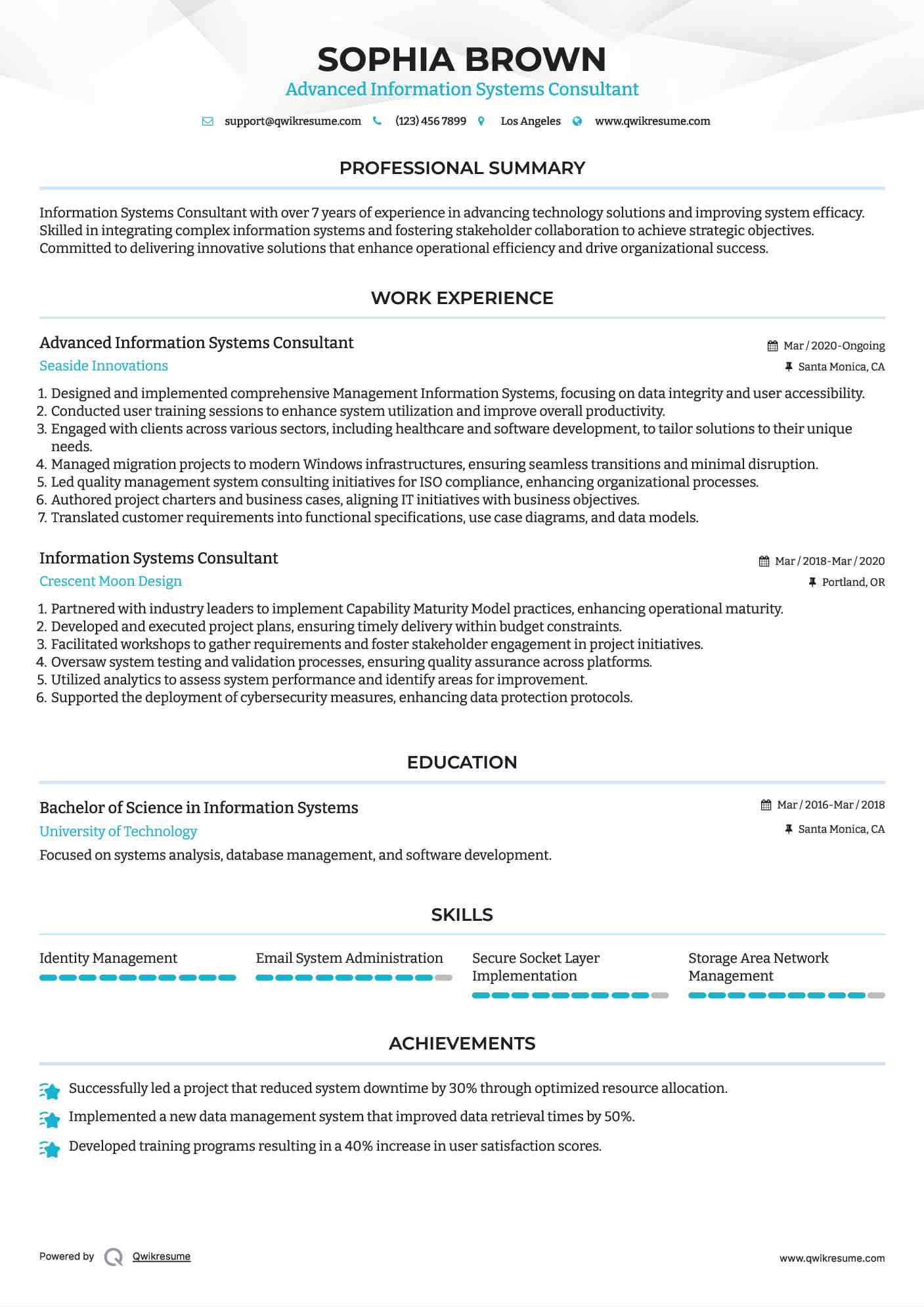 Advanced Information Systems Consultant Resume Sample