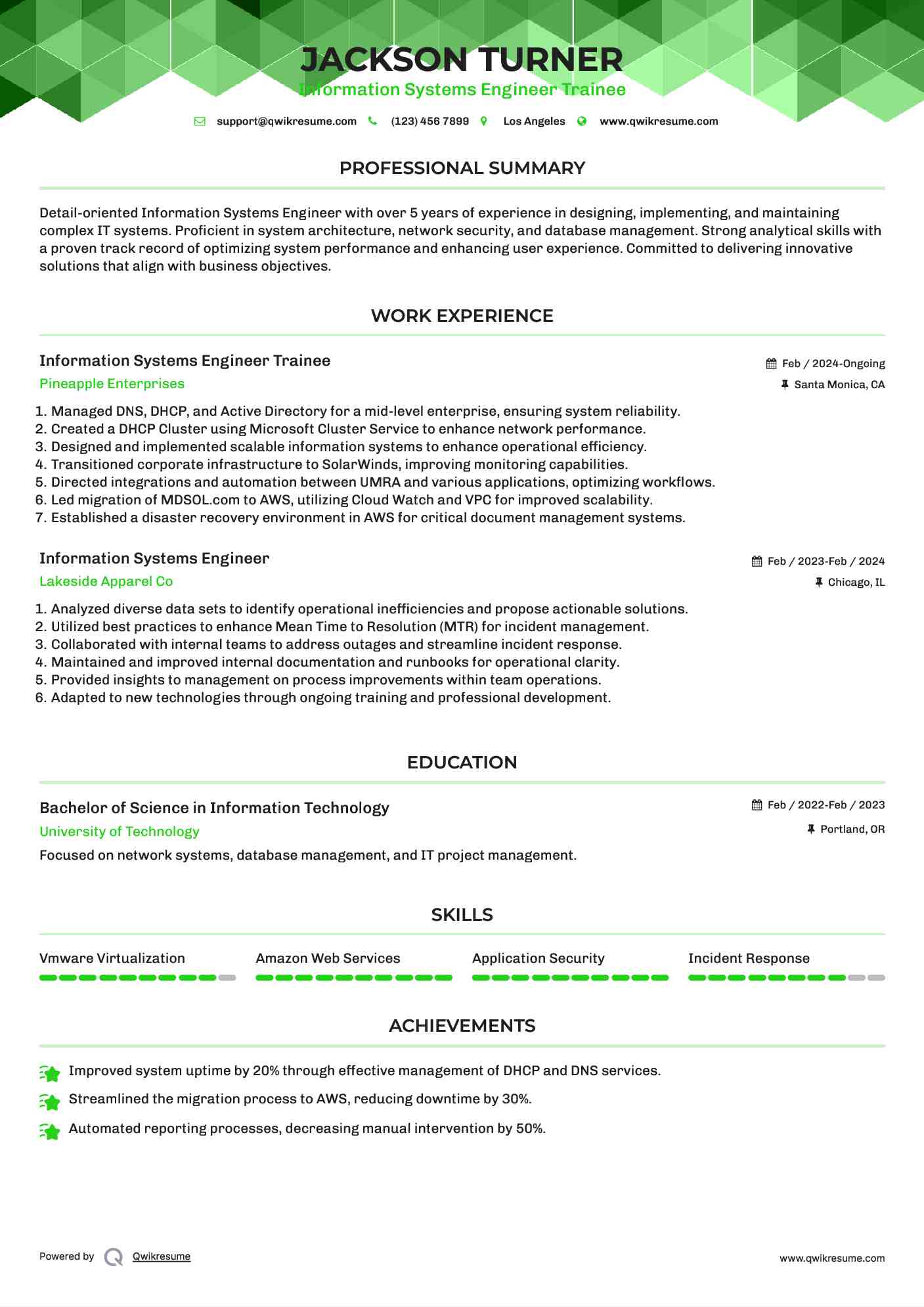 Information Systems Engineer Trainee Resume Sample