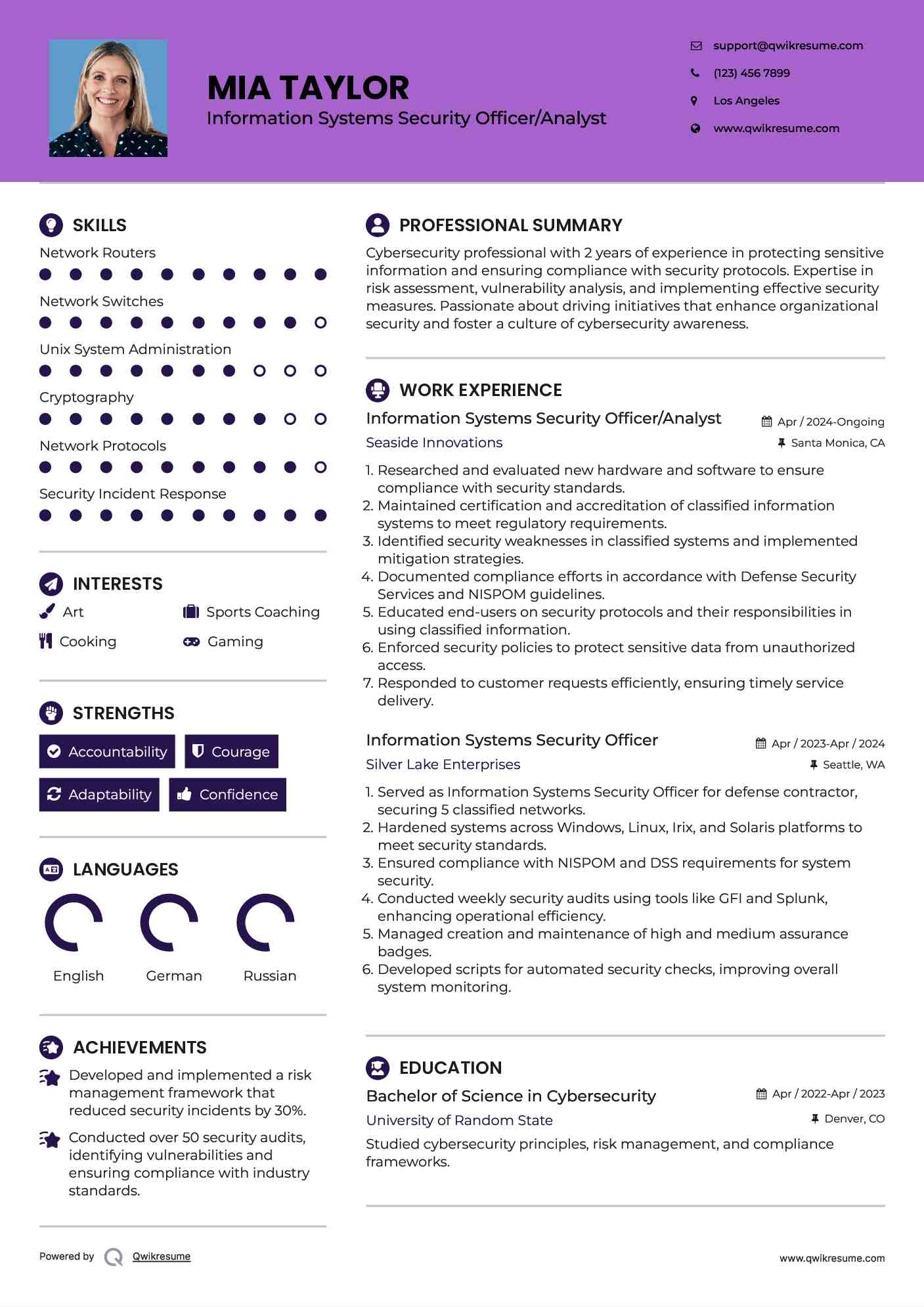 Information Systems Security Officer/Analyst Resume Example