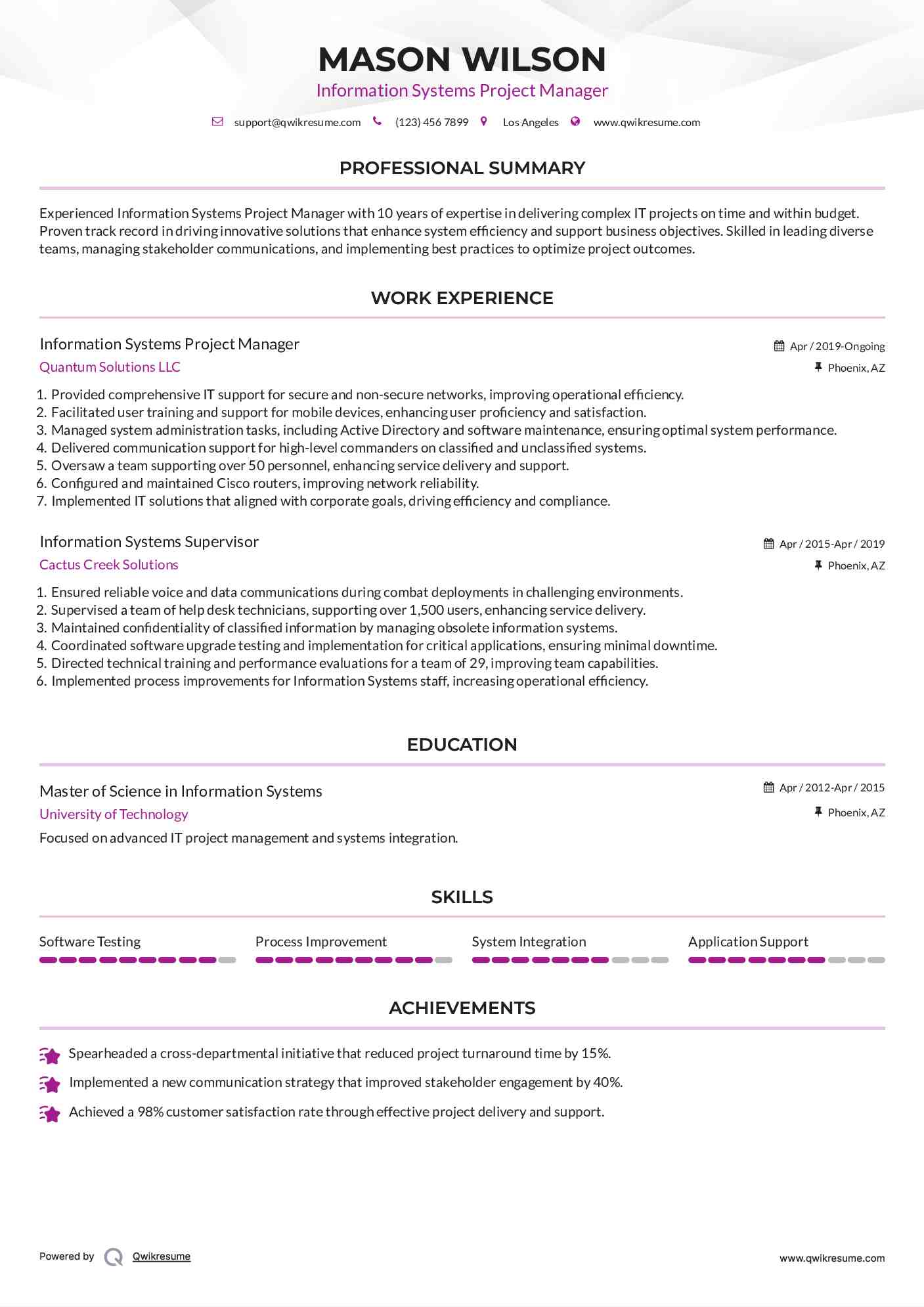 Information Systems Project Manager Resume Format