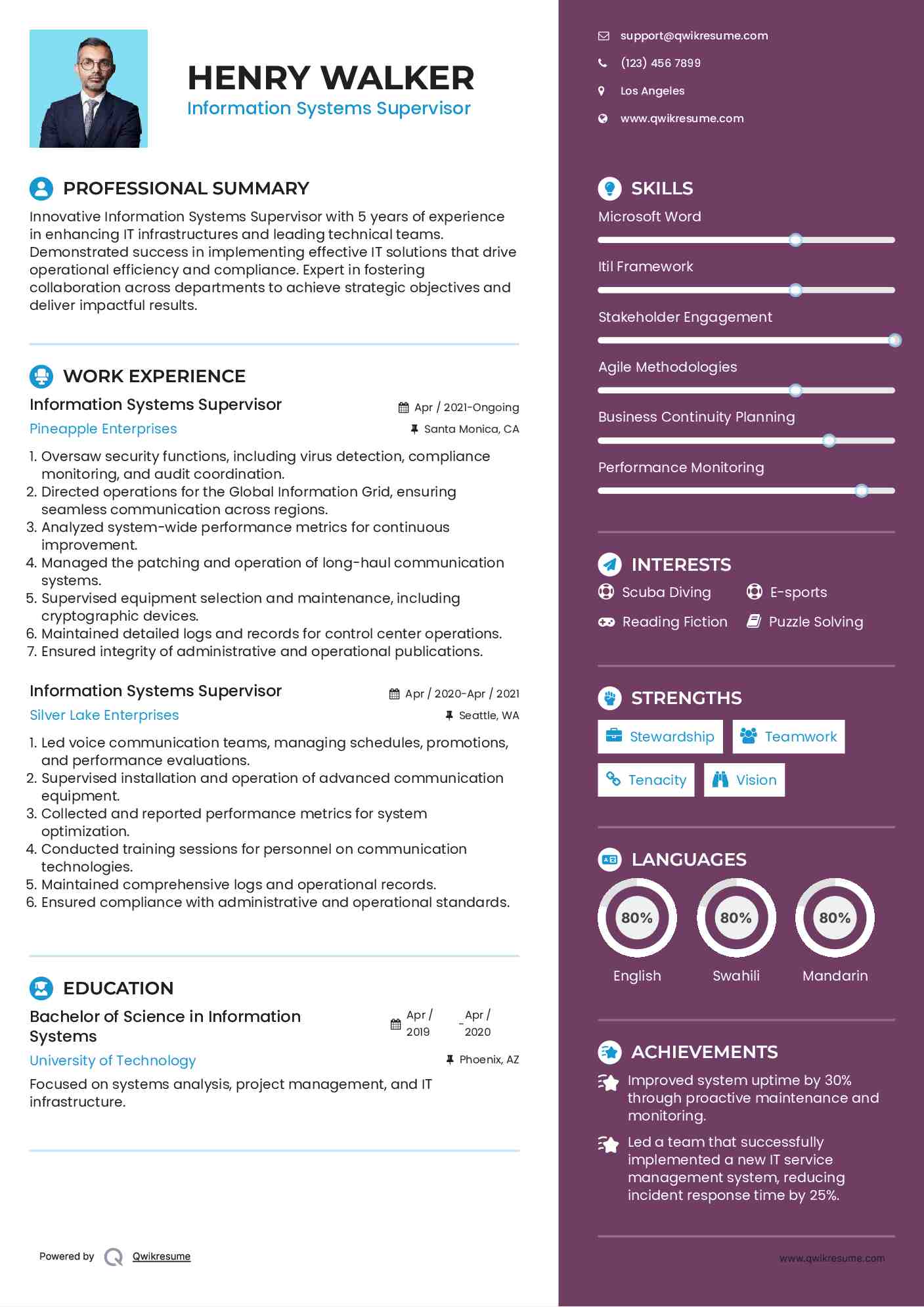 Information Systems Supervisor Resume Sample