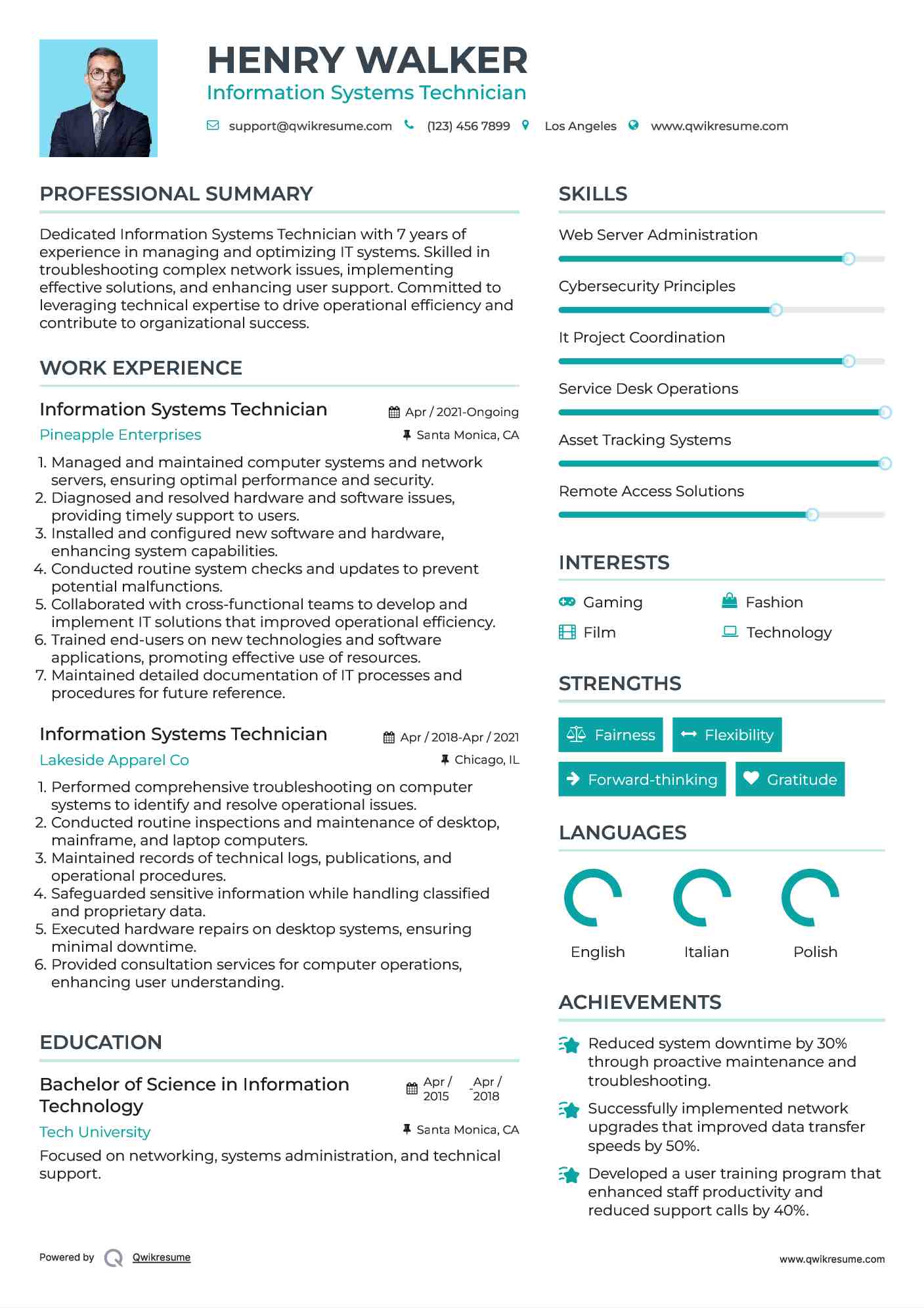 Information Systems Technician Resume Model