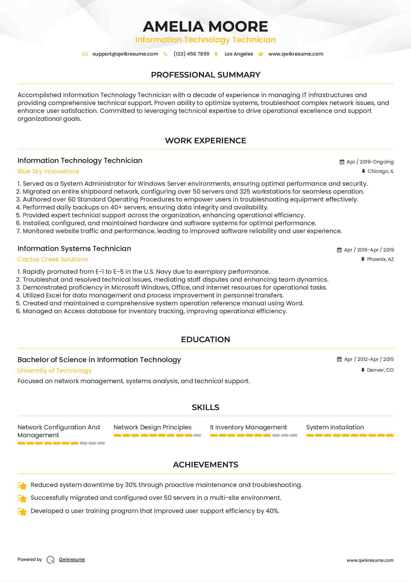 Information Technology Technician Resume Sample