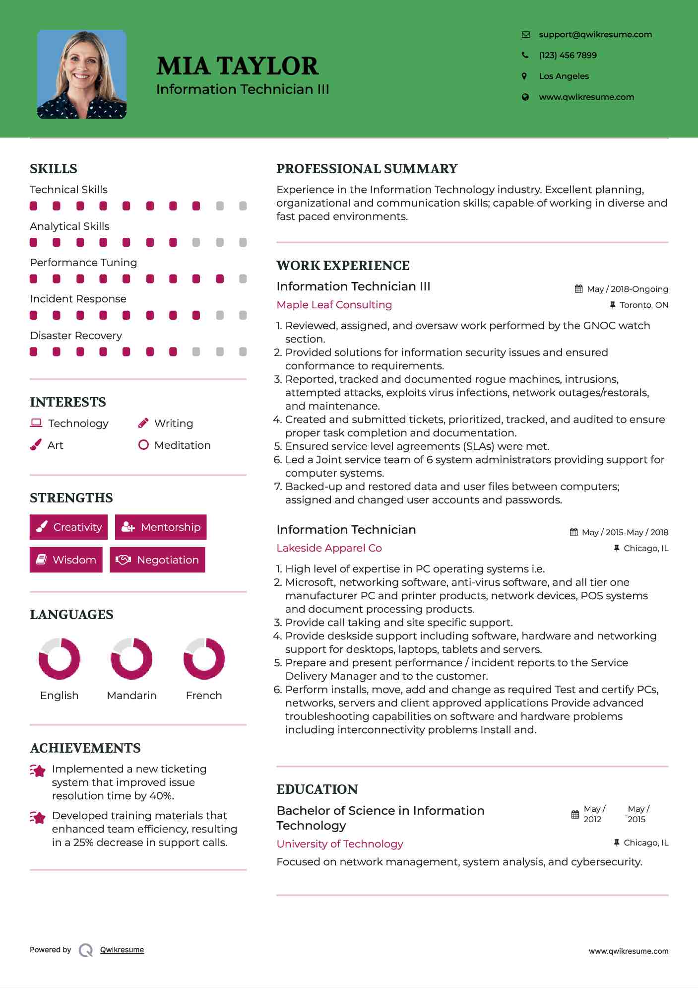Information Technician III Resume Format