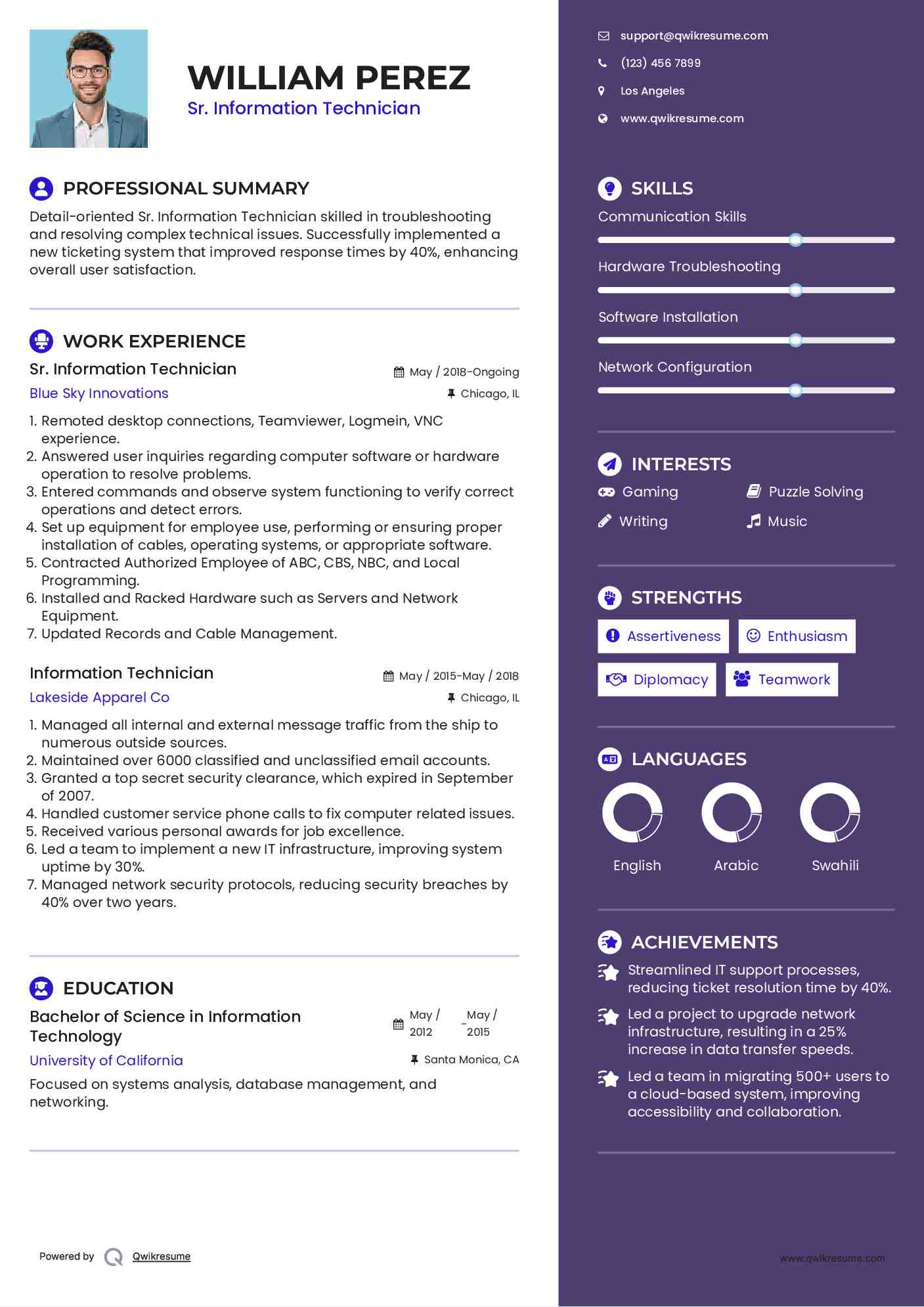 Sr. Information Technician Resume Model