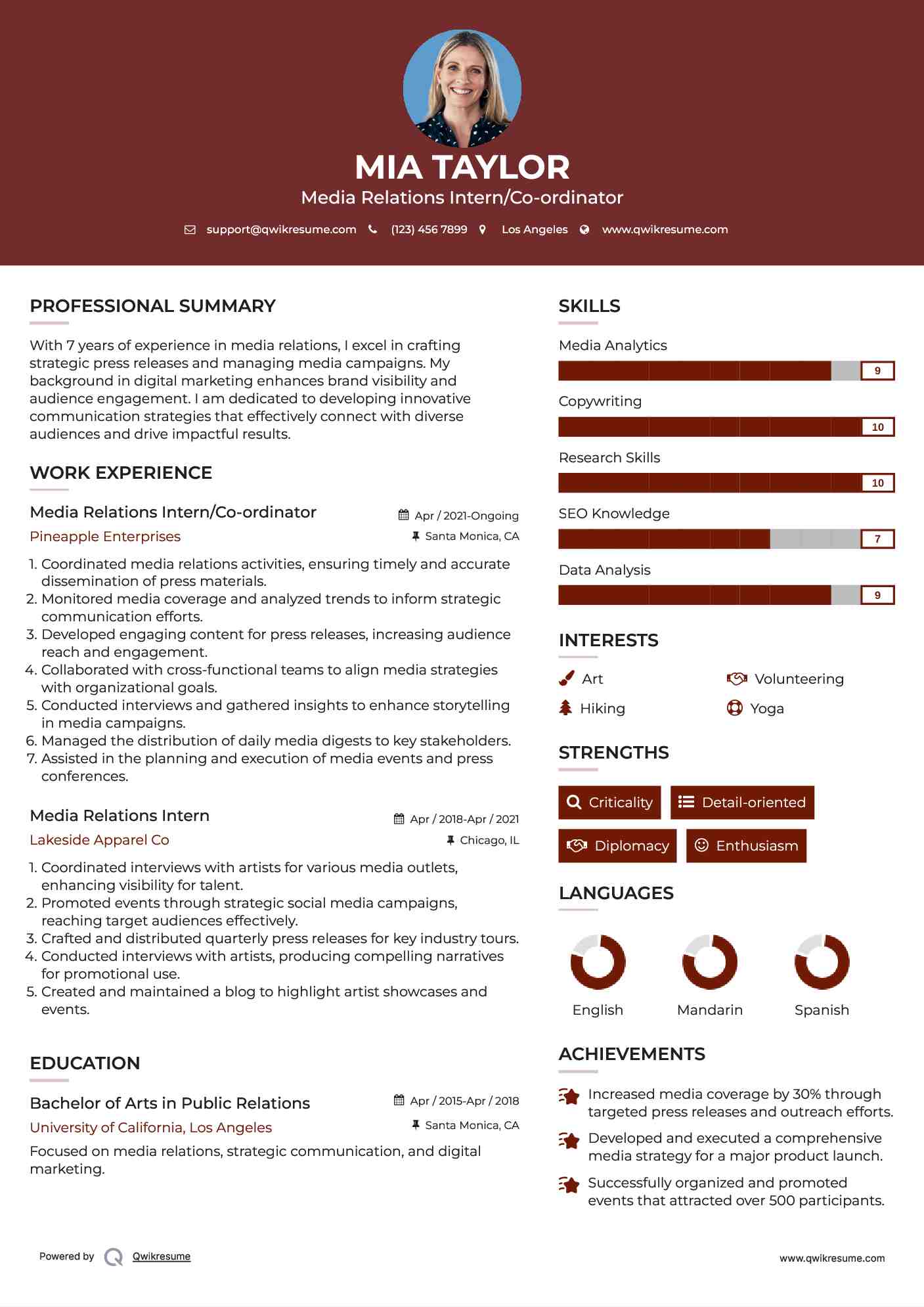 Media Relations Intern/Co-ordinator Resume Sample