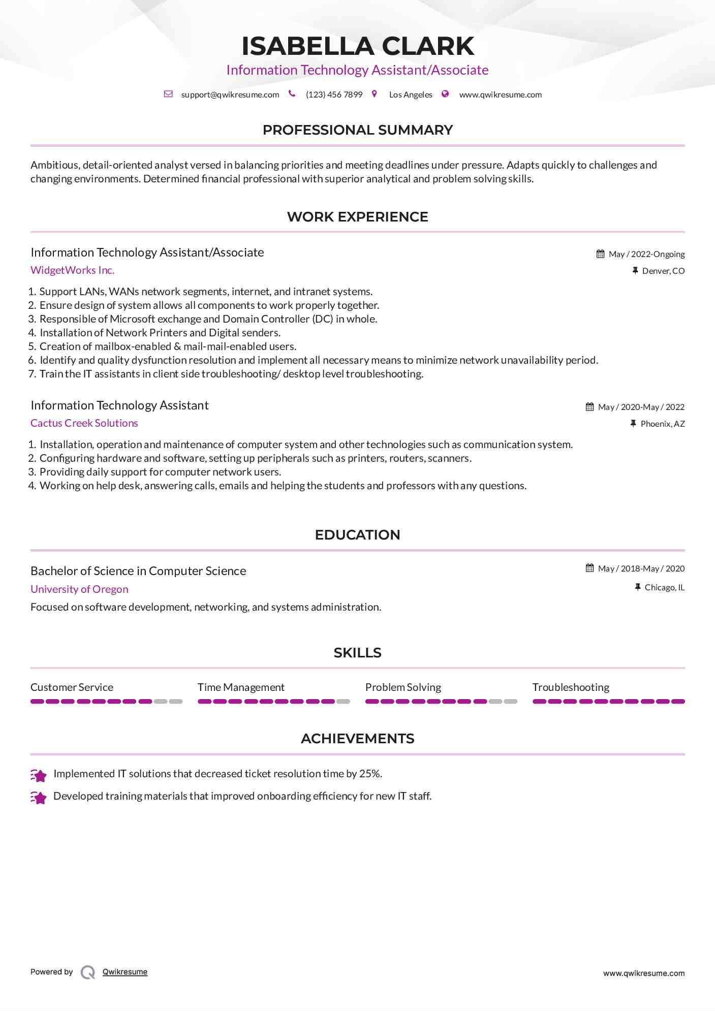 Information Technology Assistant/Associate Resume Example