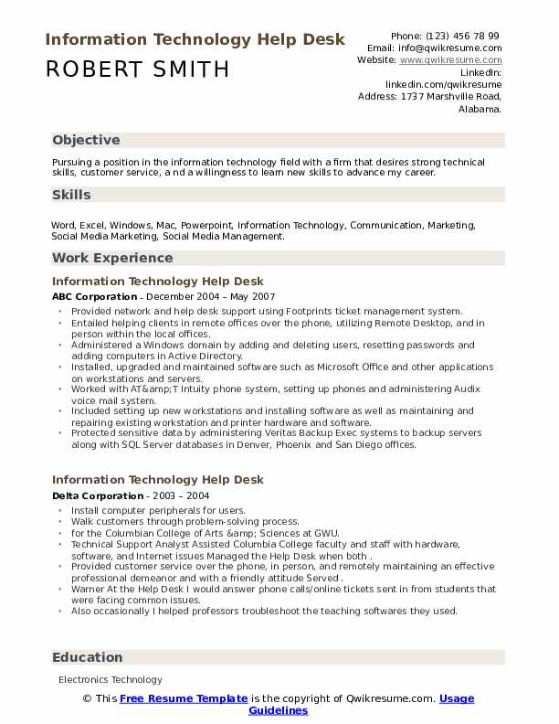 Information Technology Help Desk Resume Samples QwikResume