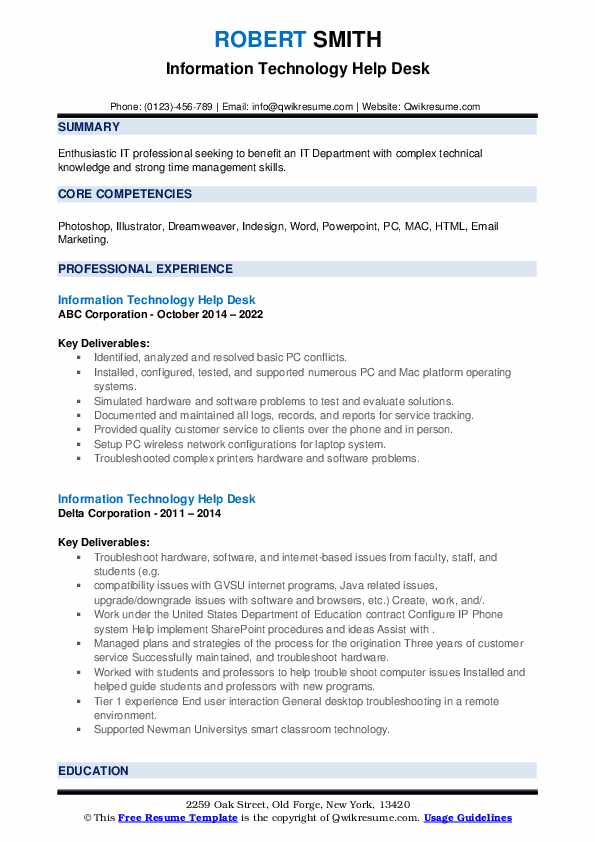 Information Technology Help Desk Resume Samples QwikResume