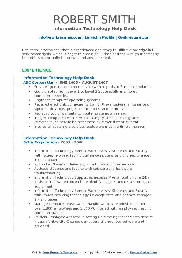Information Technology Help Desk Resume Samples QwikResume