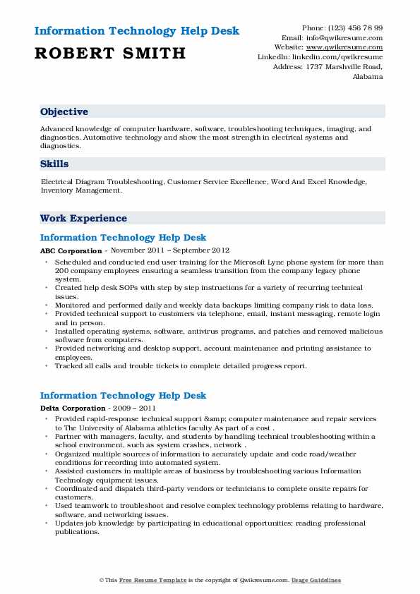 Information Technology Help Desk Resume Samples QwikResume
