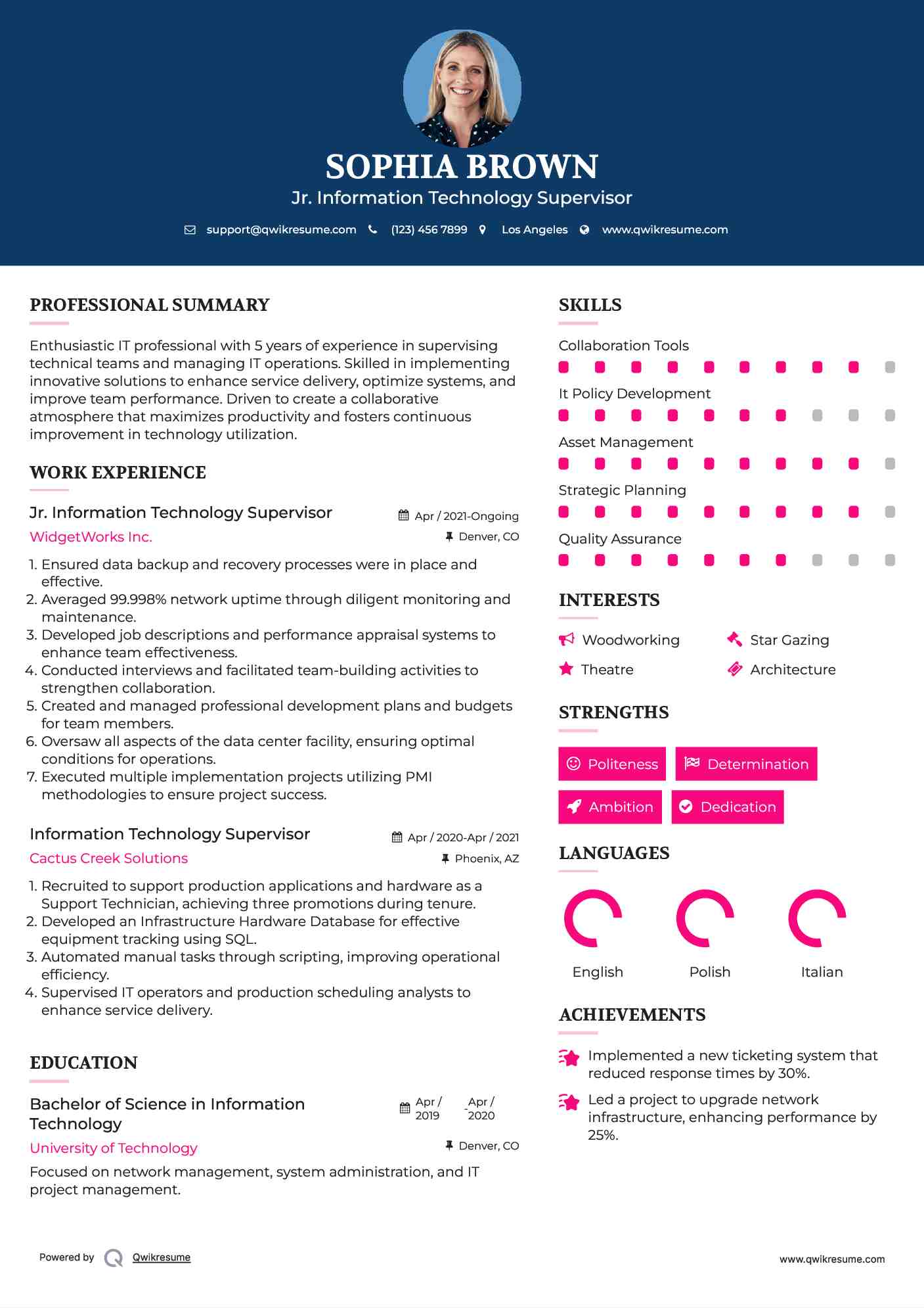 Jr. Information Technology Supervisor Resume Model