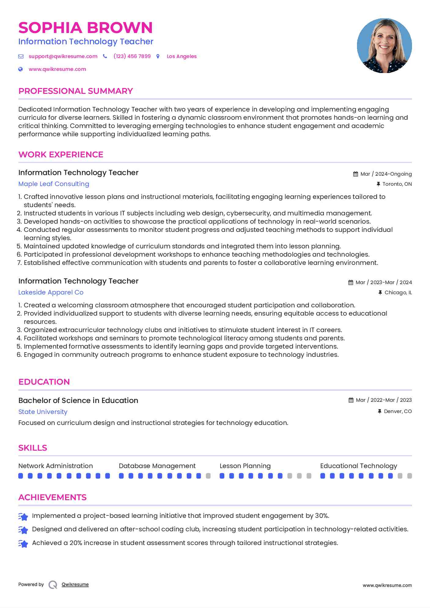 Information Technology Teacher Resume Model