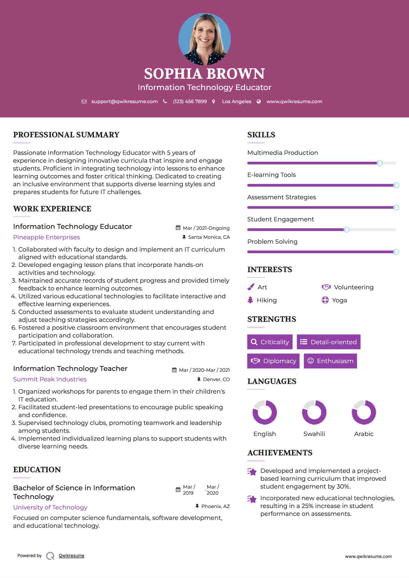 Information Technology Teacher Resume Example