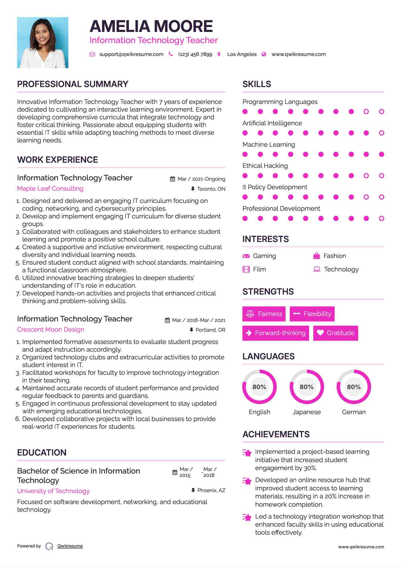 Information Technology Teacher Resume Sample