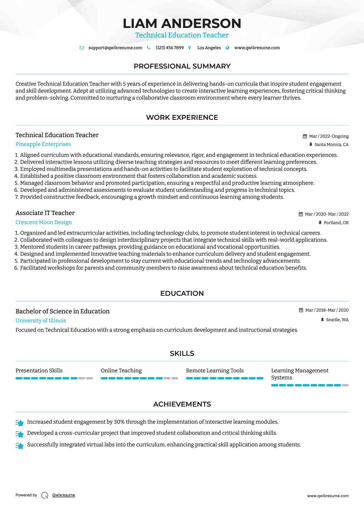 Technical Education Teacher Resume Template