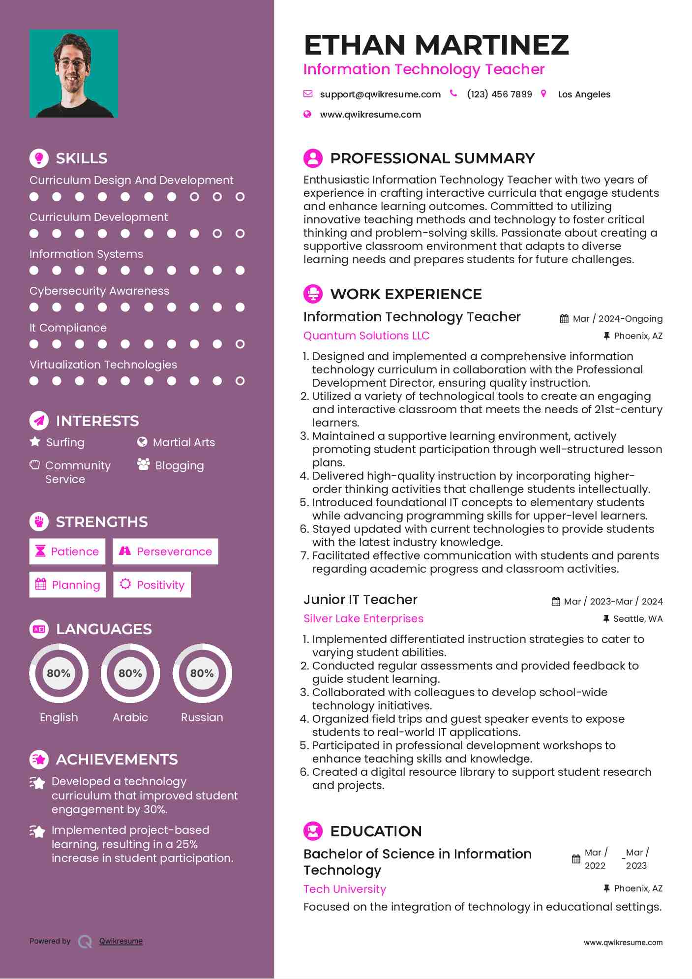 Information Technology Teacher Resume Sample