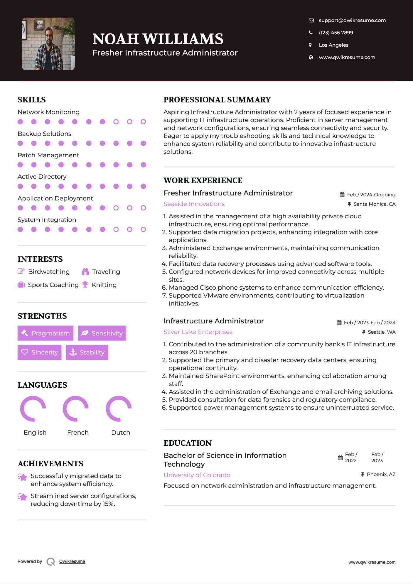 Fresher Infrastructure Administrator Resume Sample