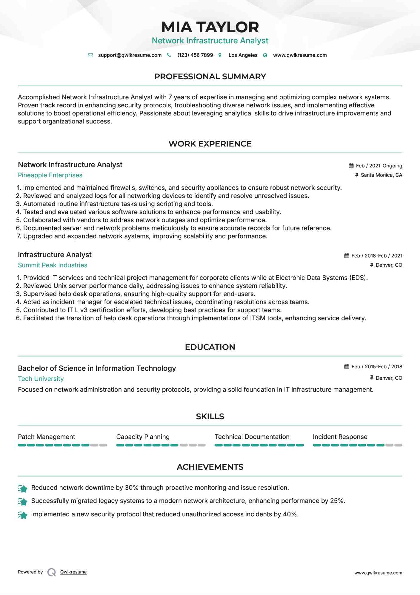 Network Infrastructure Analyst Resume Example