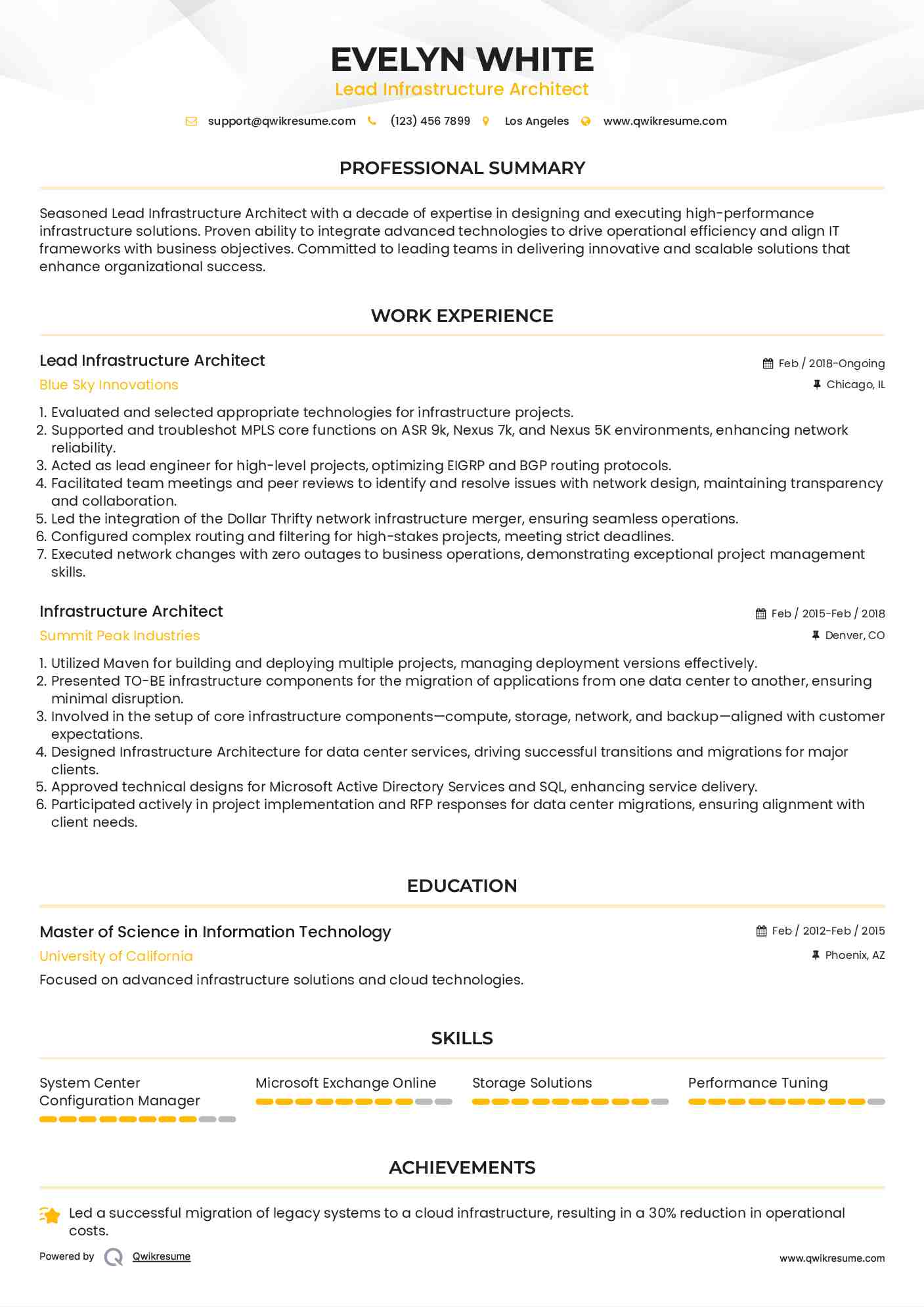 Lead Infrastructure Architect Resume Template