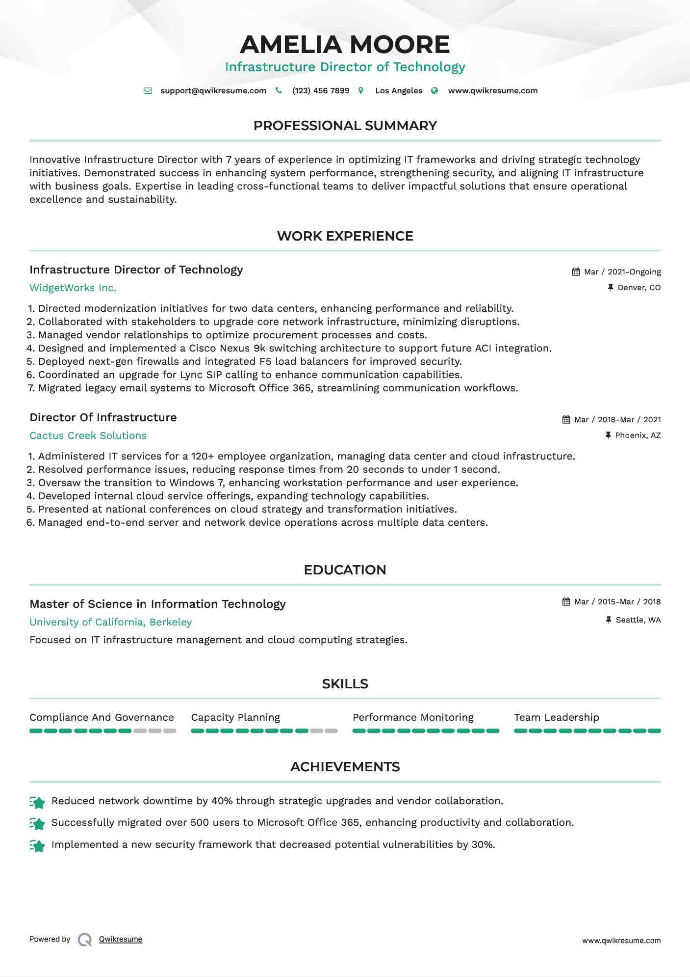 Infrastructure Director of Technology Resume Sample