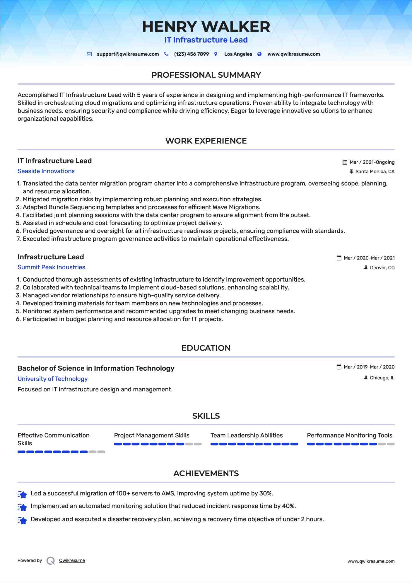 IT Infrastructure Lead Resume Sample