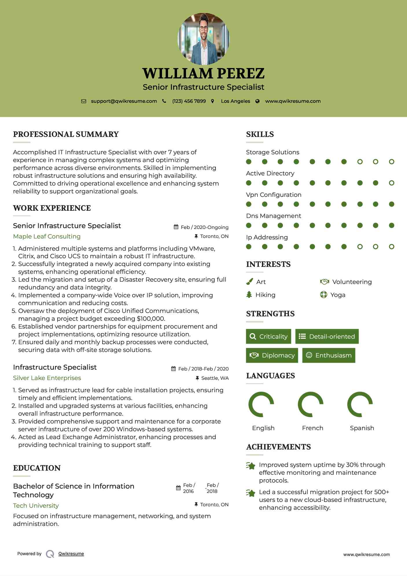 Senior Infrastructure Specialist Resume Example