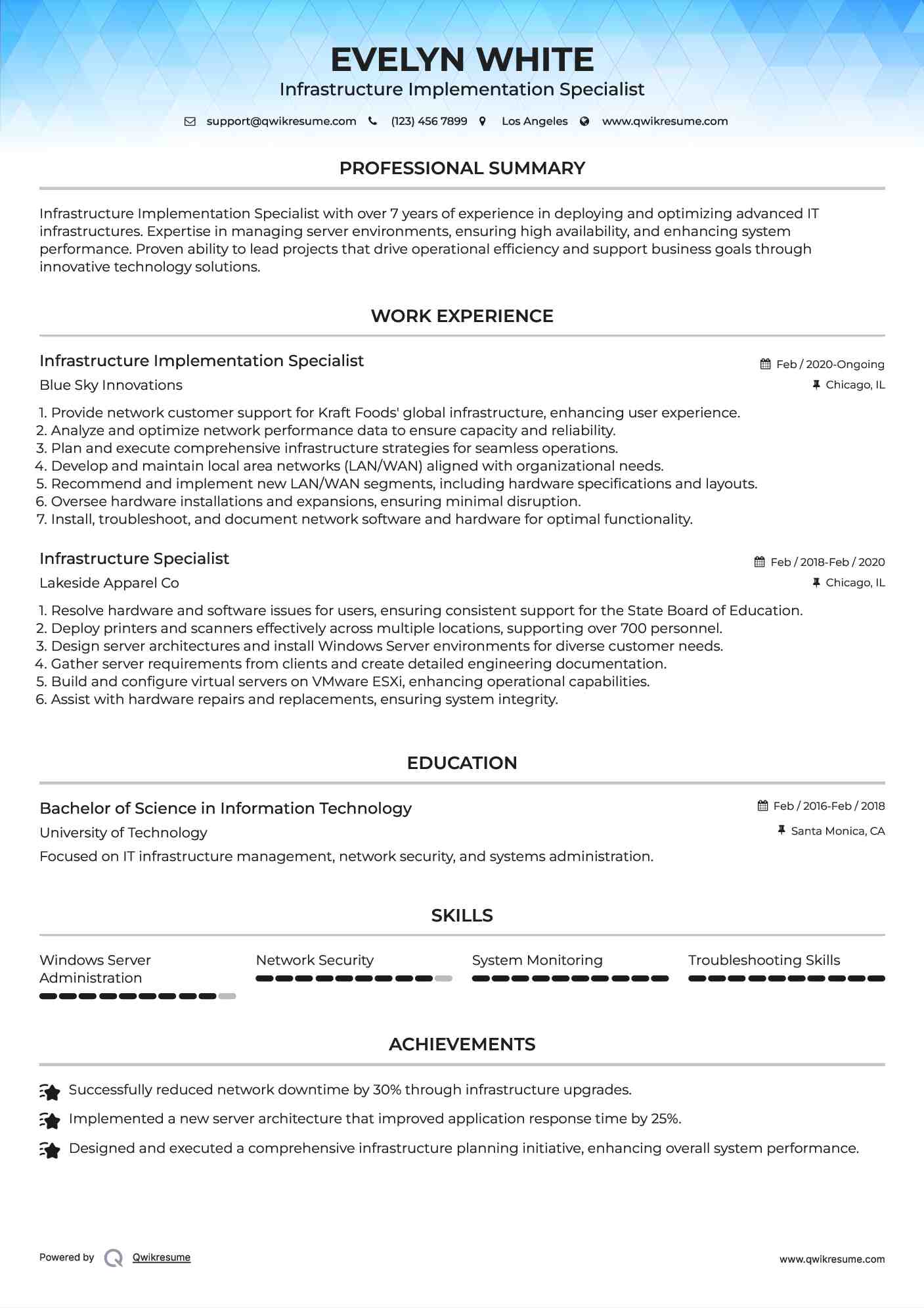 Infrastructure Implementation Specialist Resume Template