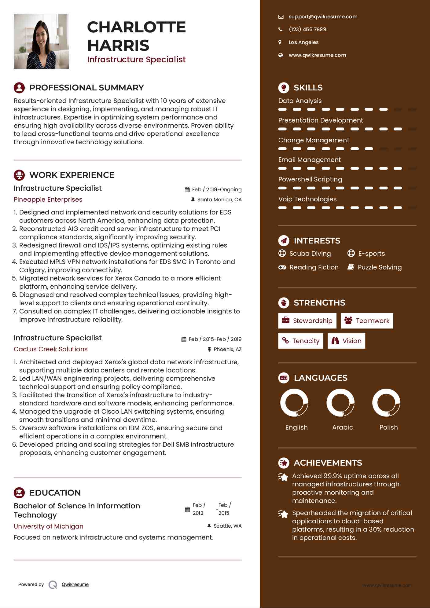 Infrastructure Specialist Resume Example