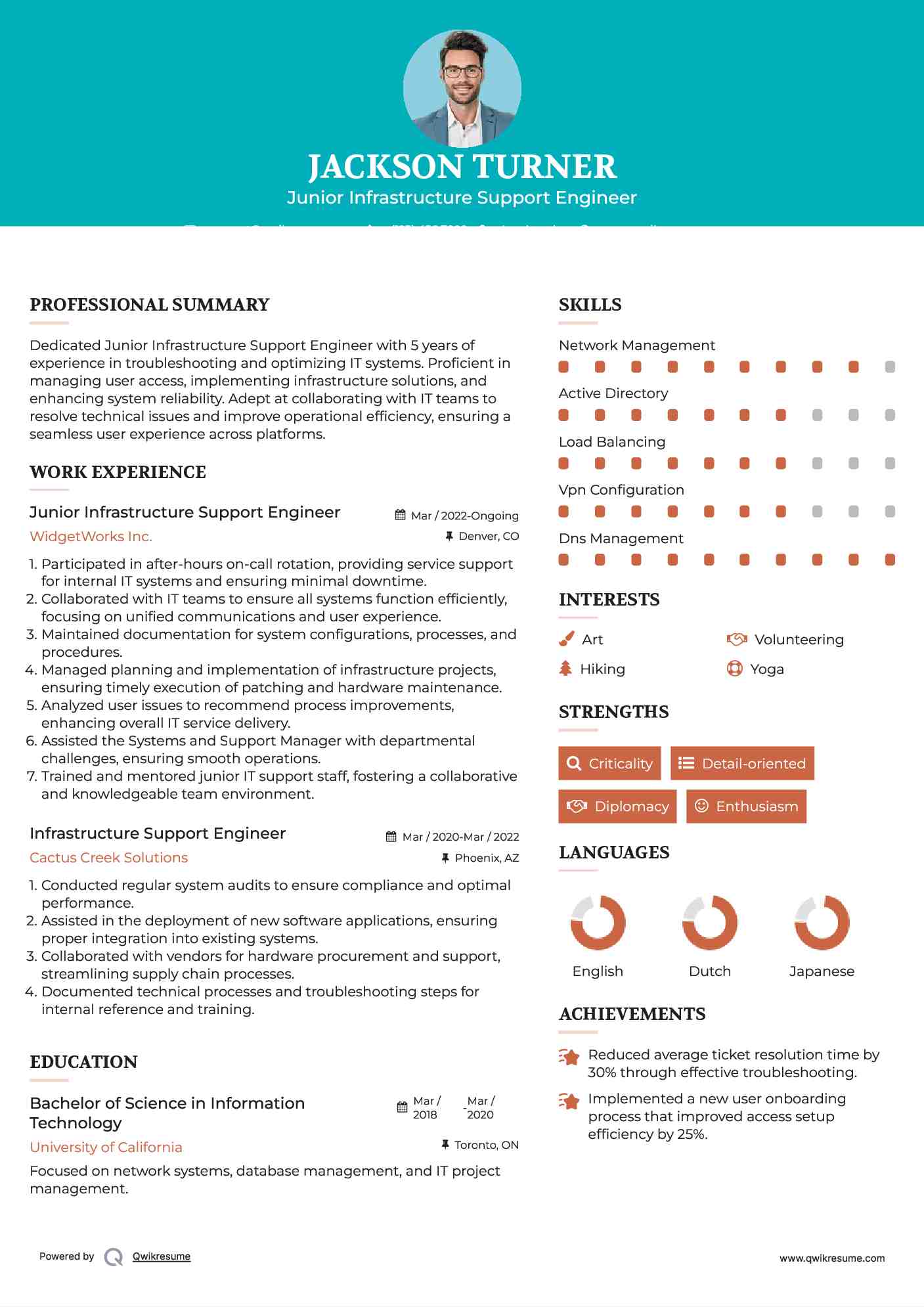 Junior Infrastructure Support Engineer Resume Format