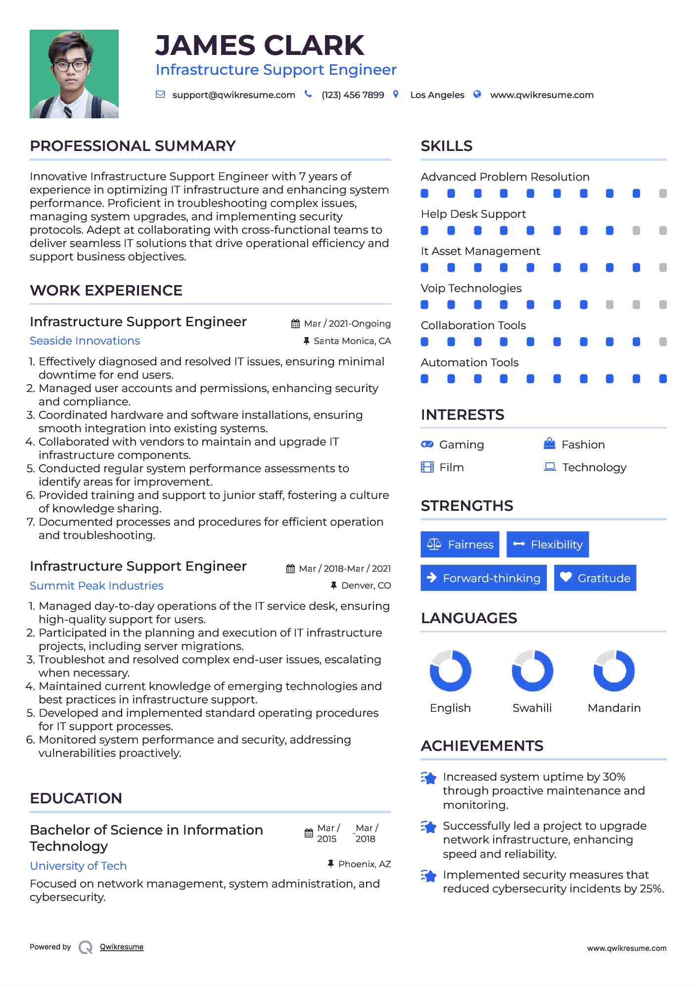 Infrastructure Support Engineer Resume Example