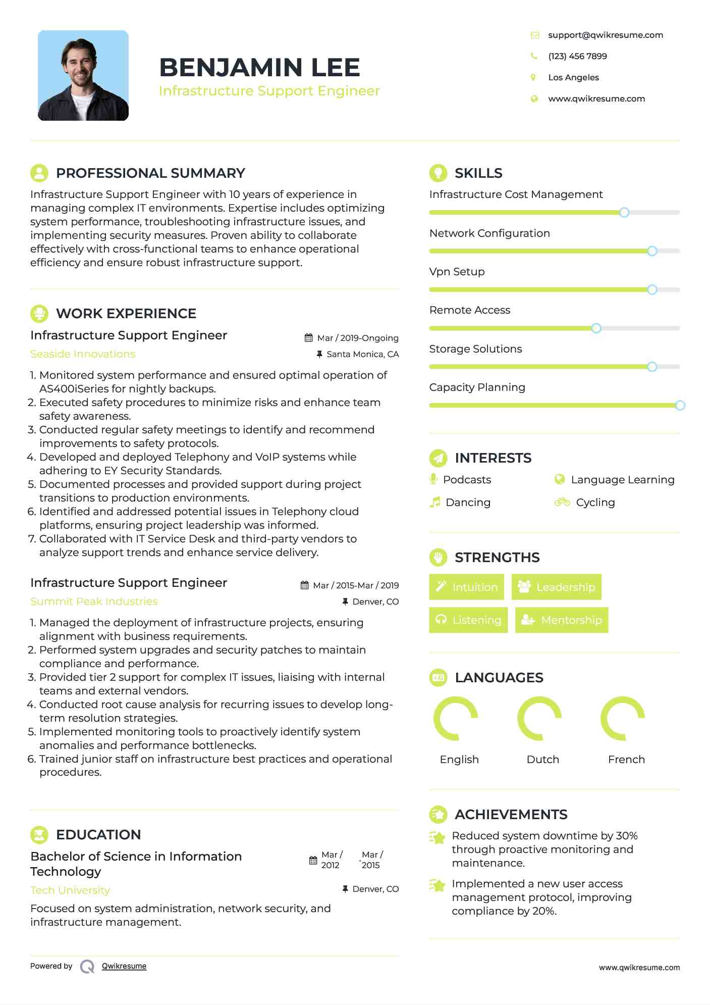 Infrastructure Support Engineer Resume Model