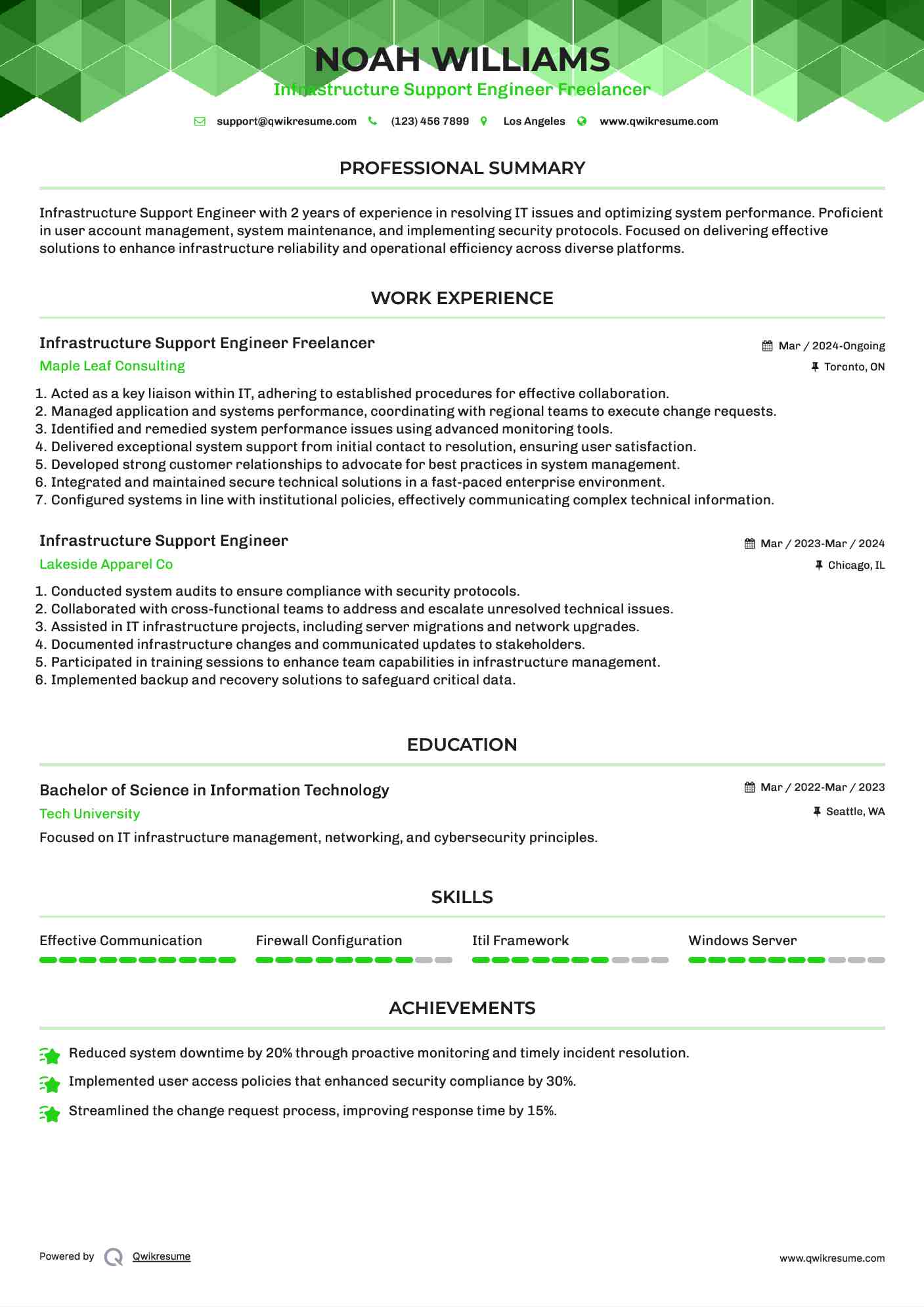 Infrastructure Support Engineer Freelancer Resume Format