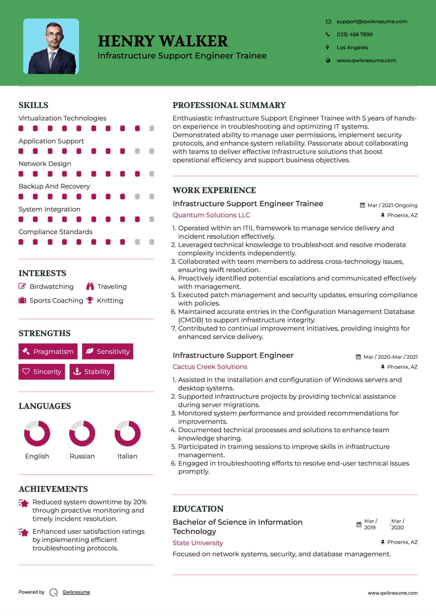 Infrastructure Support Engineer Trainee Resume Sample