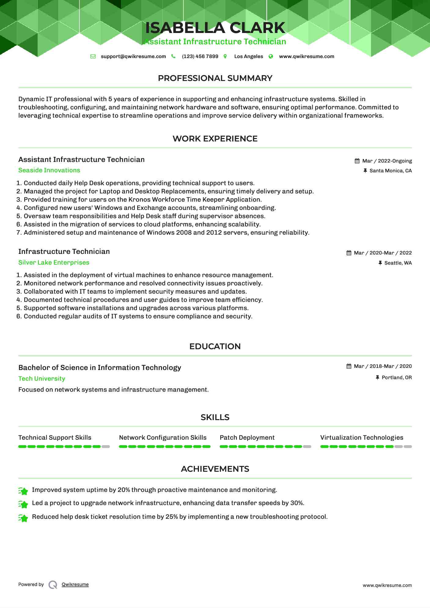Assistant Infrastructure Technician Resume Format