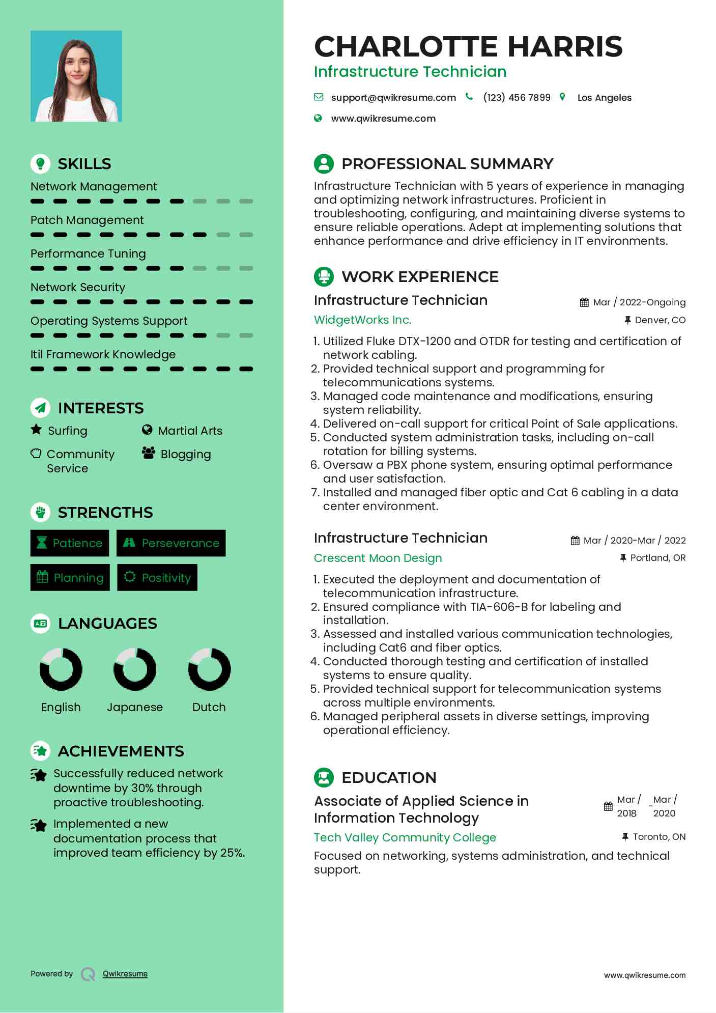 Infrastructure Technician Resume Example