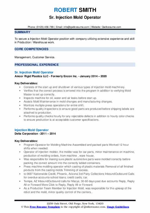 Injection Mold Operator Resume Samples QwikResume