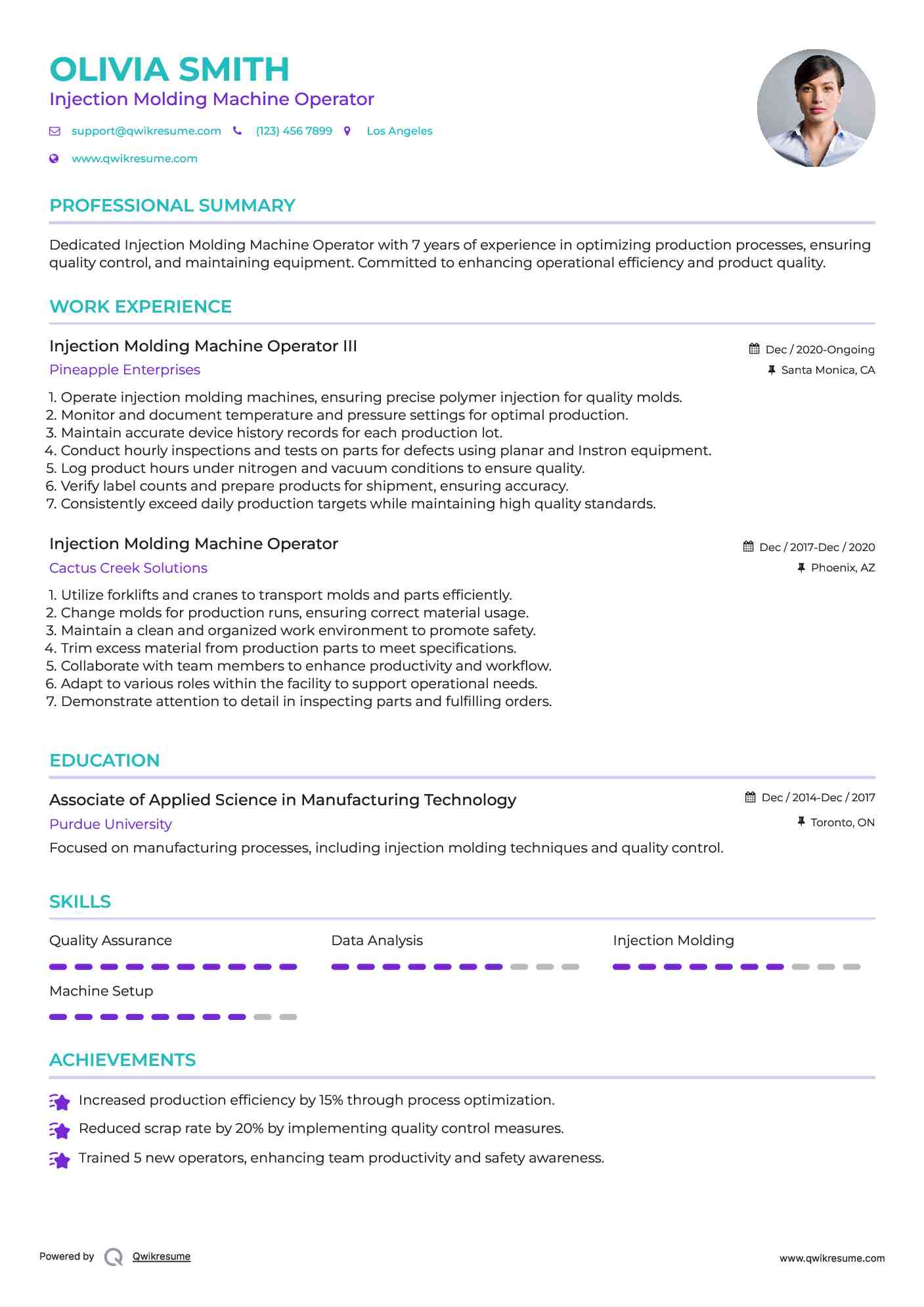 Injection Molding Machine Operator III Resume Model