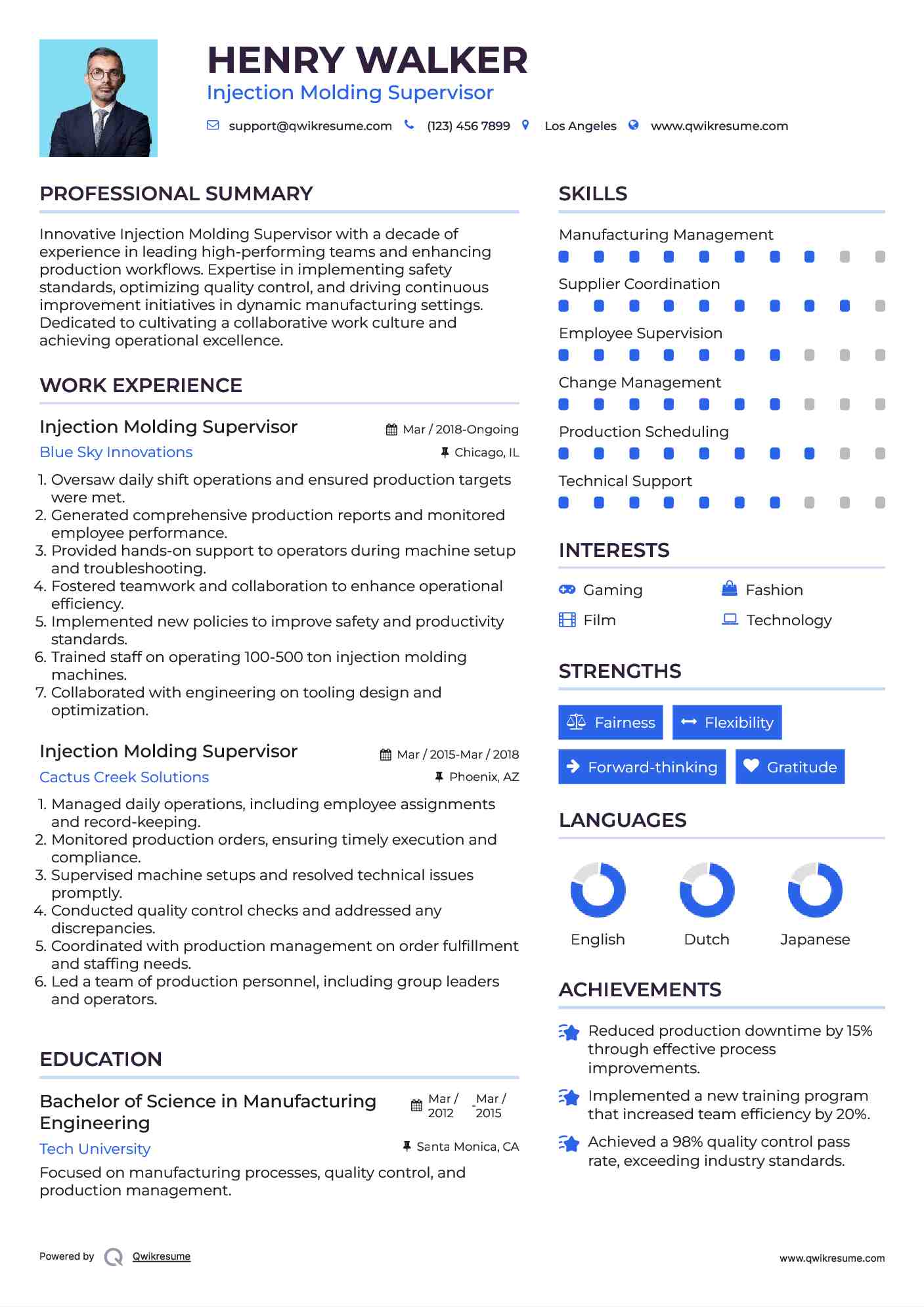 Injection Molding Supervisor Resume Sample